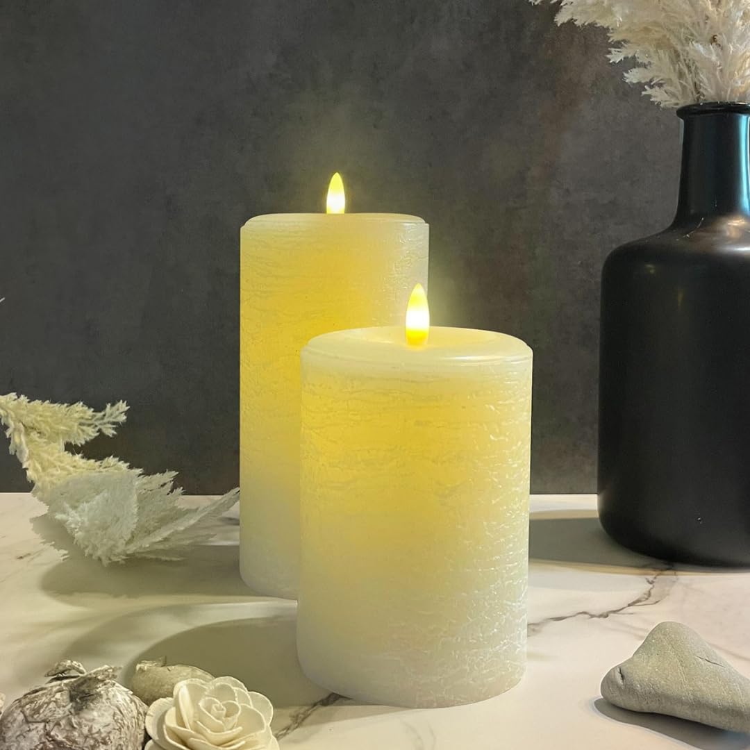 Lumipur Signature Natural Glow Flameless Wax Pillar 2 Pack Led Candle 3.5'' X 5'' And 3.5'' X 7'' Linen White