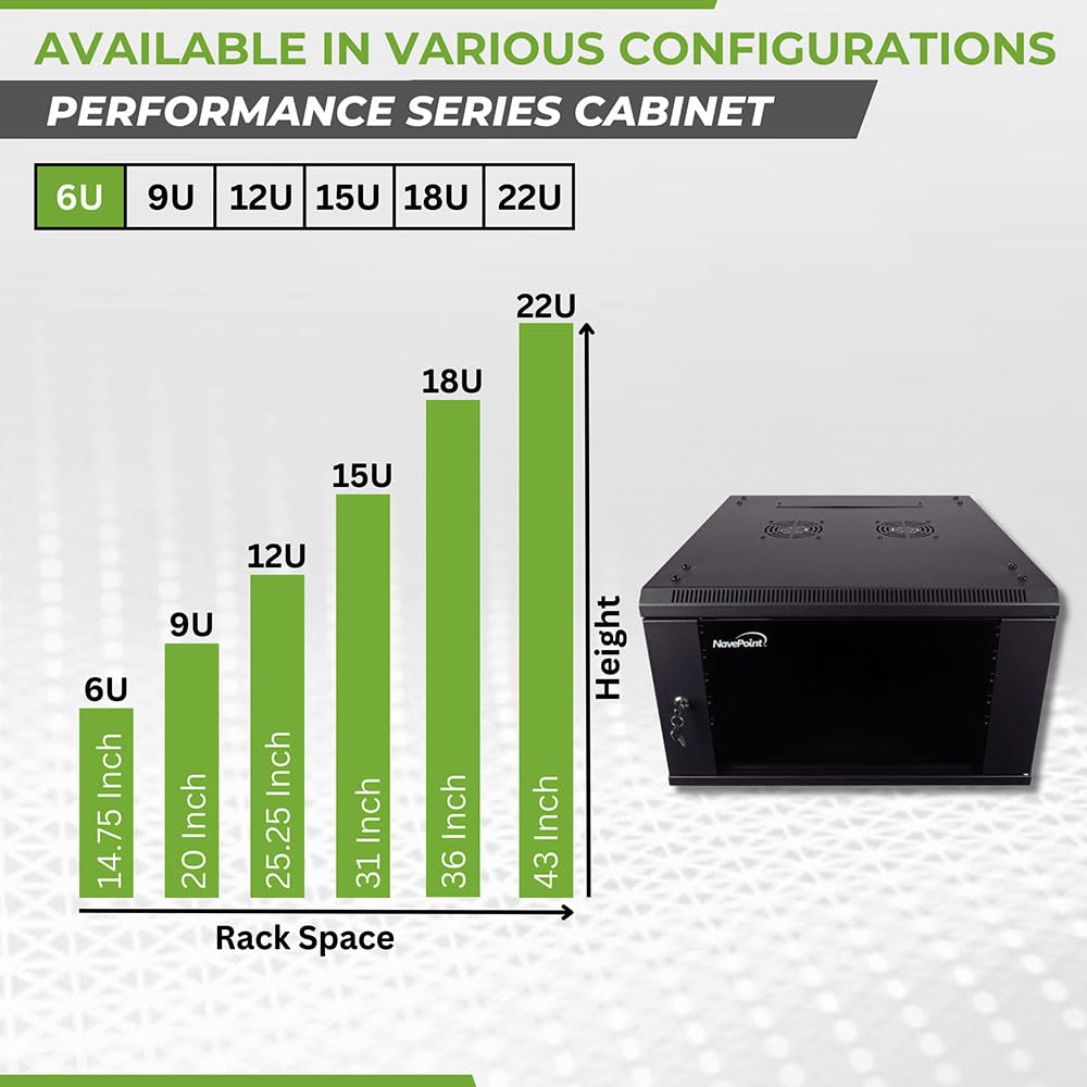 Navepoint 6U Server Cabinet Wall Mount Rack Enclosure Includes 2 Fans, Locking Glass Door, Removable Side Panels   6U Network Ca