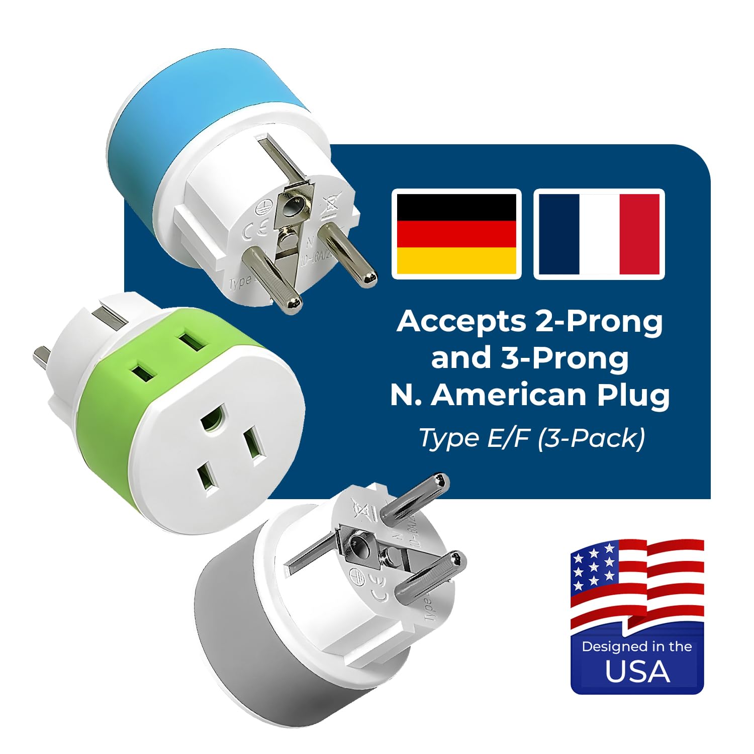 Orei Germany, France, Schuko Power Plug Adapter With 2 Usa Inputs   Travel 3 Pack  Type E/F (Us 9) Safe Grounded Use With Cell P