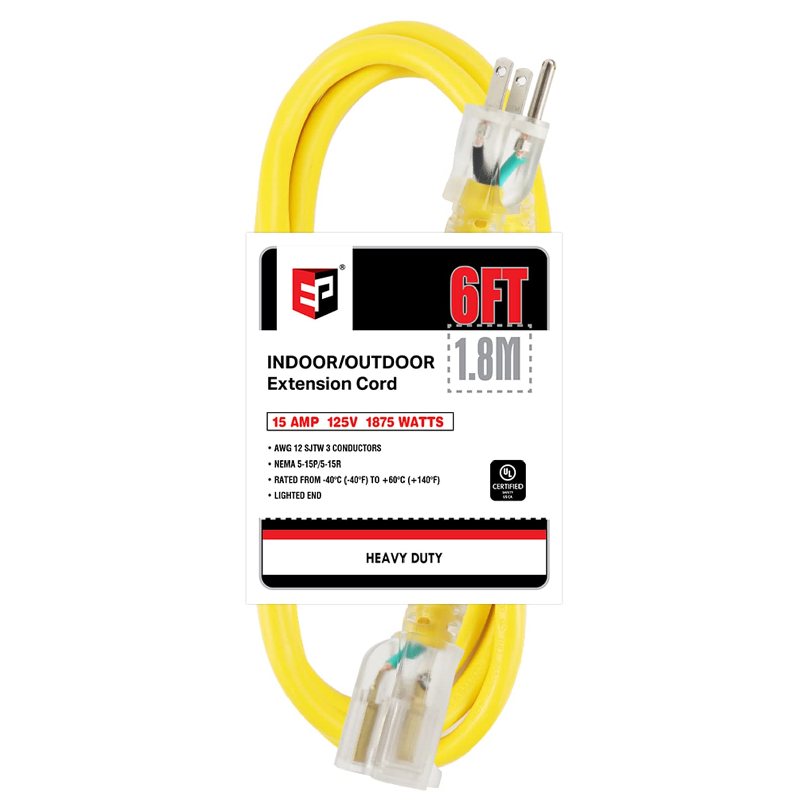 Ep 6 Ft Lighted Outdoor Extension Cord   12/3 Sjtw Heavy Duty Yellow Extension Cable With 3 Prong Grounded Plug   15Amp Power Co