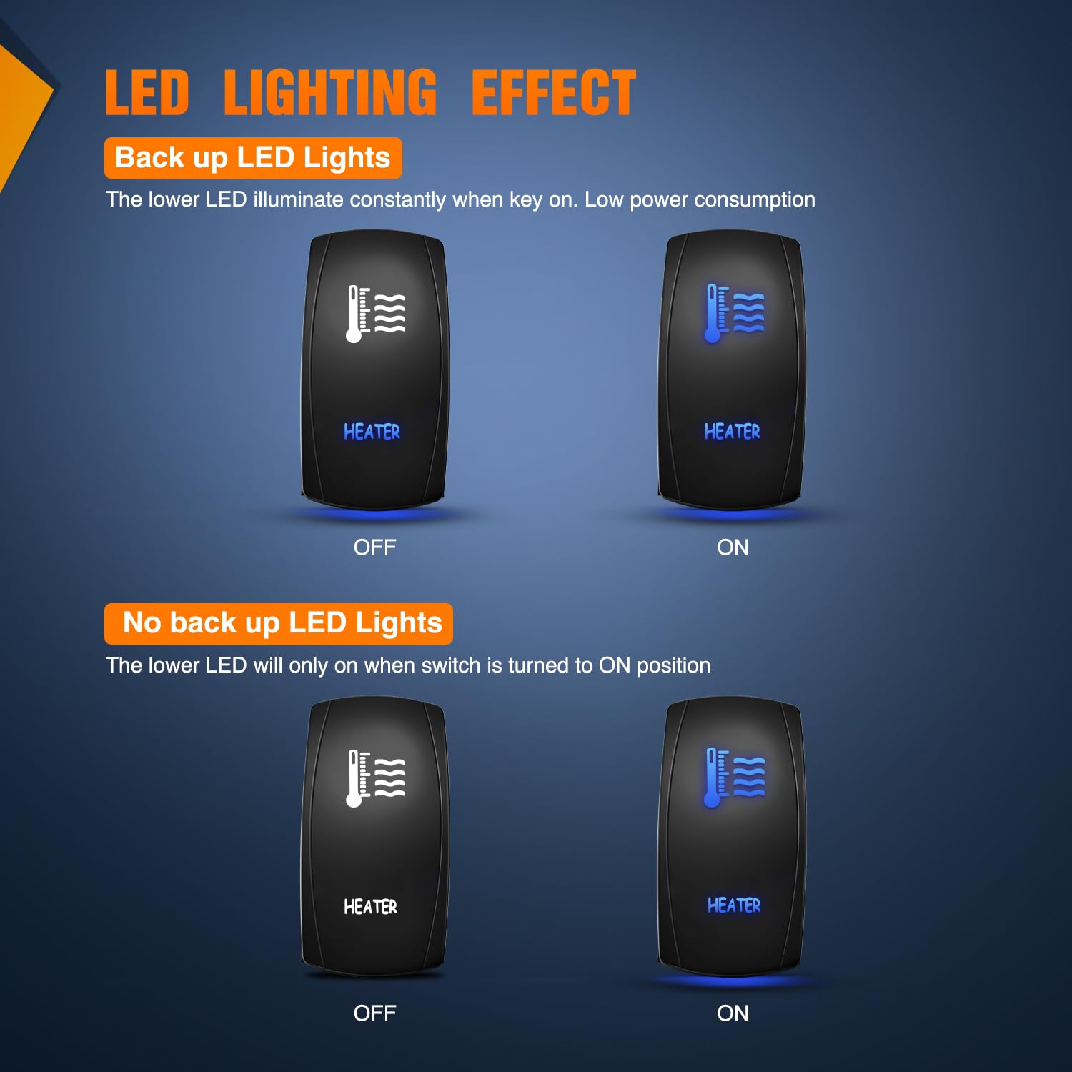 Nilight Heater Rocker Switch Led Light Bar Switch 5 Pin Laser On Off Spst Switches 20A/12V 10A/24V Switch Blue With Jumper Wires