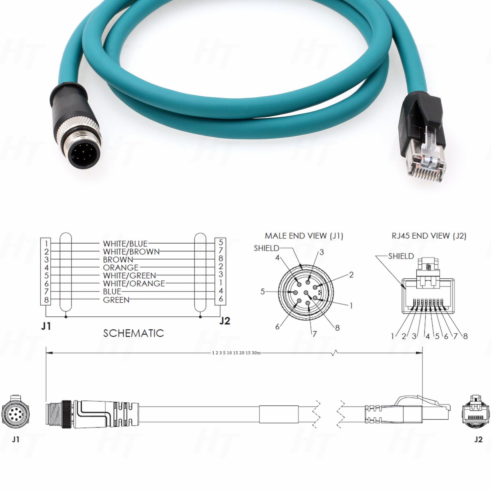 Hangton Ethernet Network Data Cable For Cognex In Sight Dmr Vision Sensor Omron, M12 8 Position A Code To Rj45 Cat 7E 15M