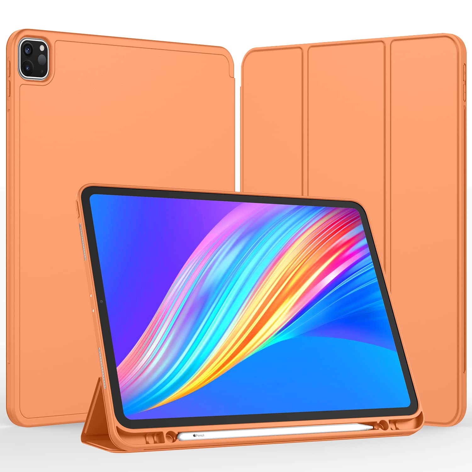 Imieet New Ipad Pro 12.9 Case 2022(6Th Gen)/2021(5Th Gen) With Pencil Holder [Support Ipad 2Nd Pencil Charging/Pair],Trifold Stand Smart Case With Soft Tpu Back,Auto Wake/Sleep(Orange)