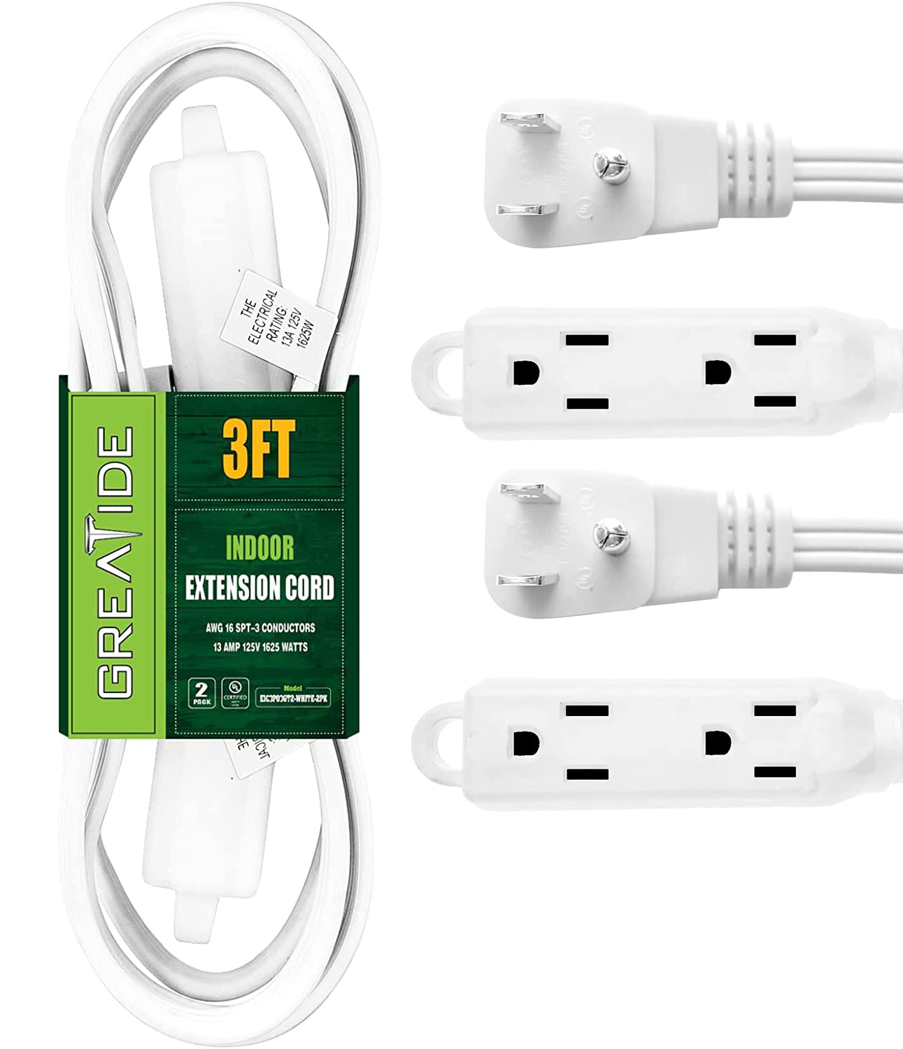 Greatide 3 Ft 3 Outlet Extension Cord With Flat Plug, 3 Prong Grounded, 16/3 Spt 3 Power Cable For Indoor Use, White, 2 Pack