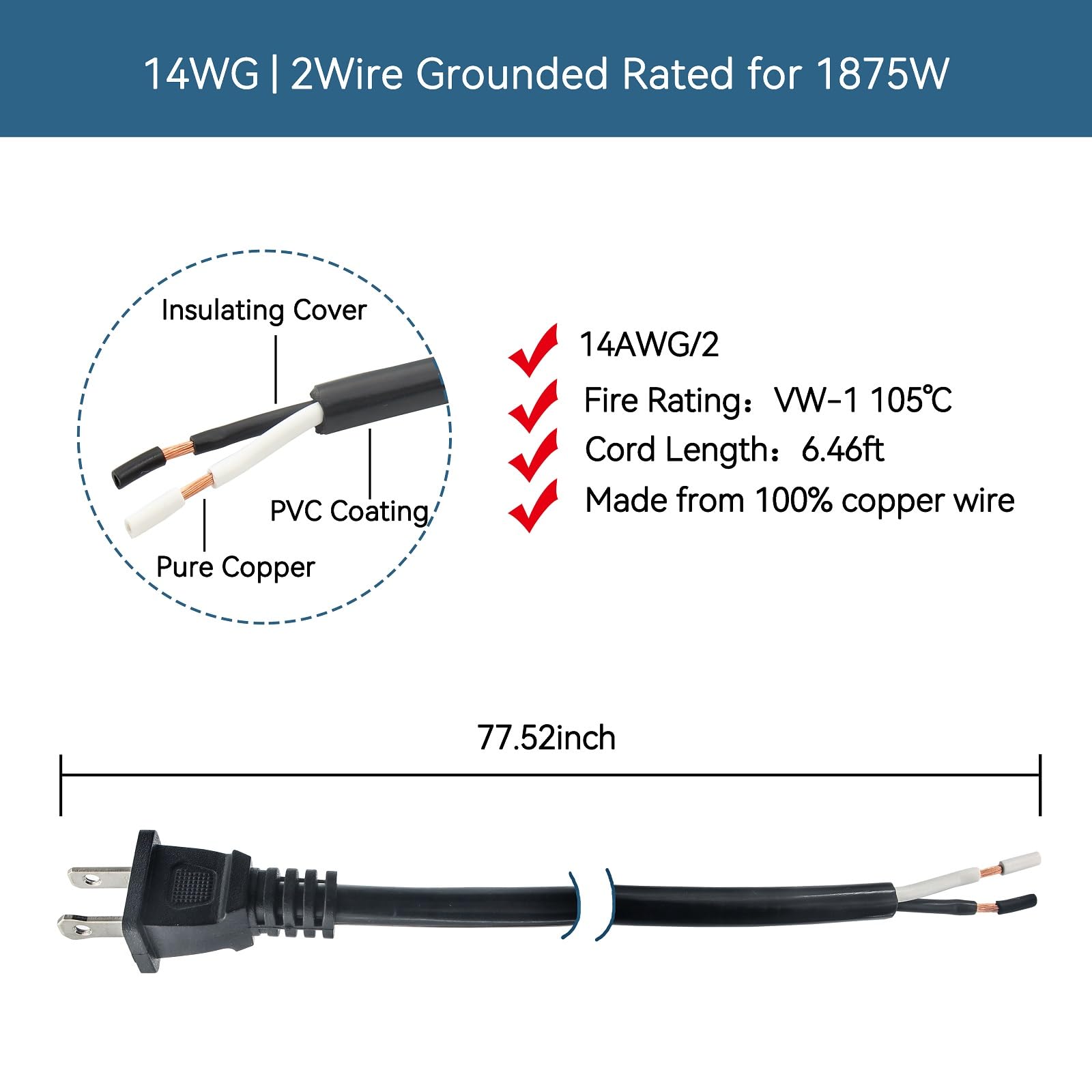 14 Gauge Replacement Power Cord 2 Prong,6.46Ft Cable 110V 115V 120V 300V Pigtail For Appliance, Nema 1 15P 2 Prong Plug Us Sjt 1