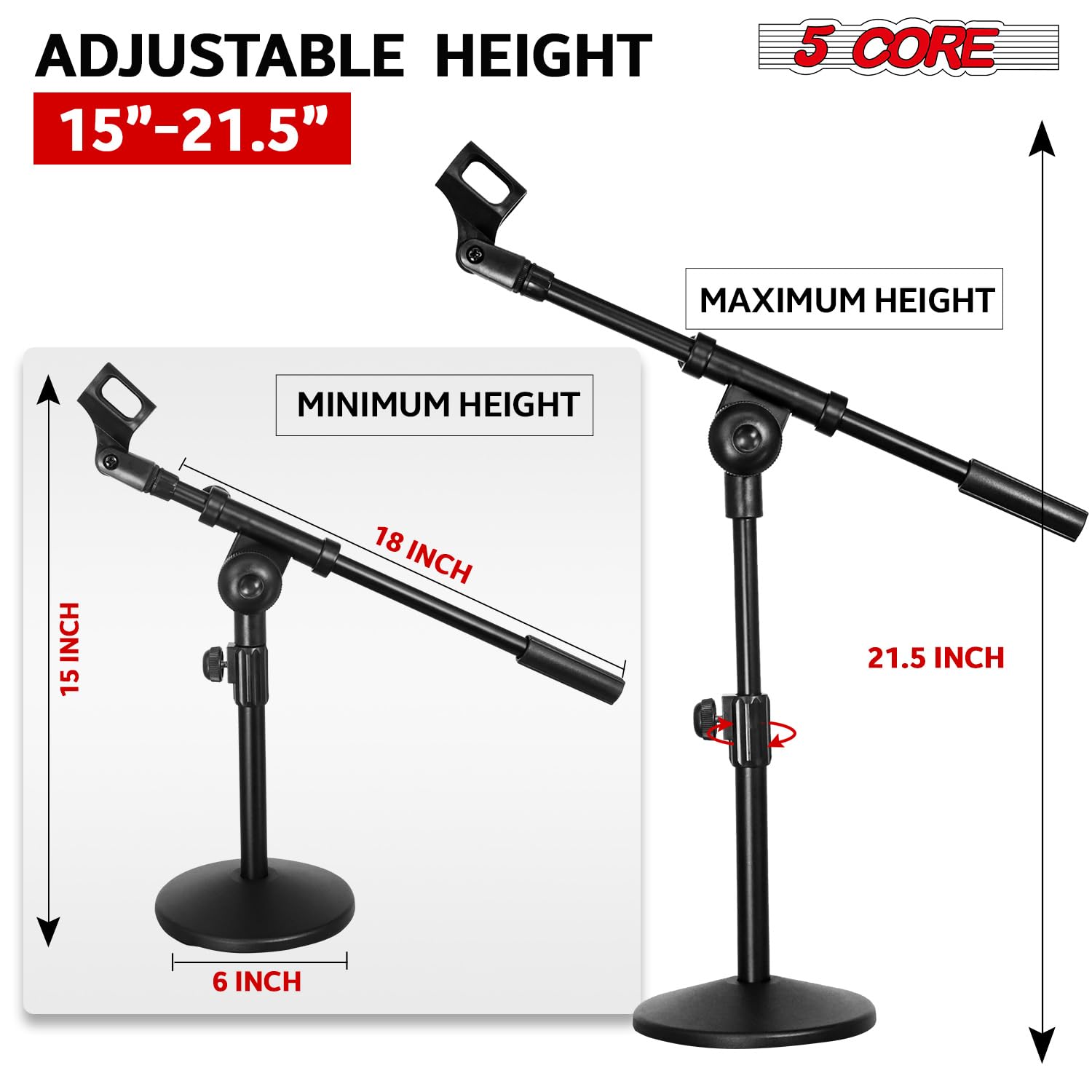 5Core Mic Stand Desk Adjustable Extendable Boom Arm Table Microphone Holder W Round Base Anti Slip Pad + Mic Clip + 3/8 & 5/8