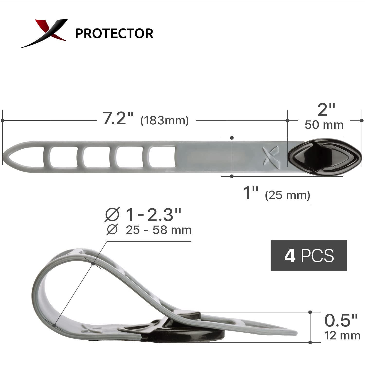 X-Protector Self-Adhesive Extension Cord Holder Organizer with Manageable Belt Plastic Black Grey 4 Pack