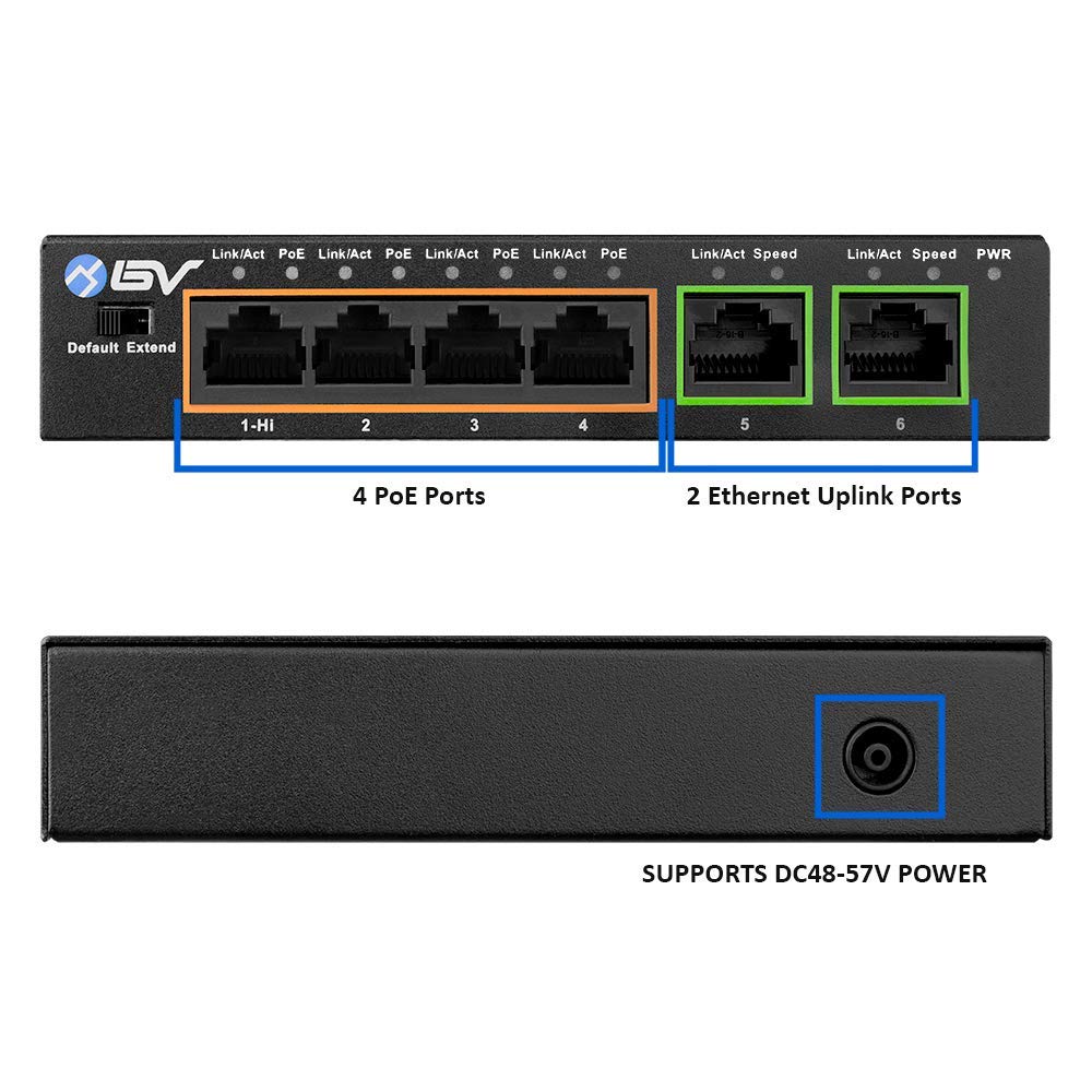 Bv Tech 6 Port Poe+ Switch (4 Poe+ Ports With 2 Ethernet Uplink And Extend Function)   60W   802.3At + 1 High Power Poe Port| De