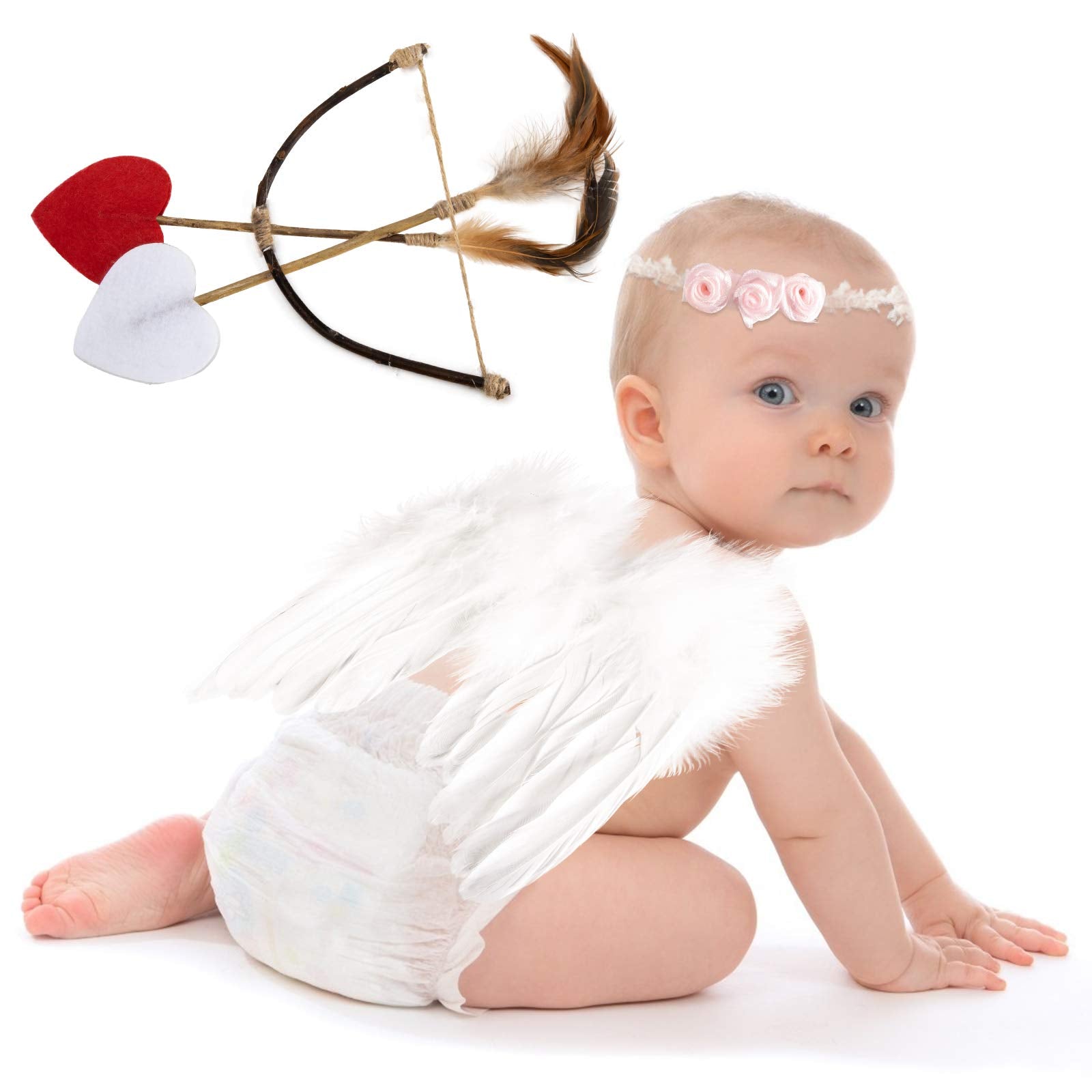 Amor Present Baby Angel Wings, 5Pcs Newborn Photoshoot Clothes White Angel Feather Wing Baby Cupid Costume Set With Headband Bow