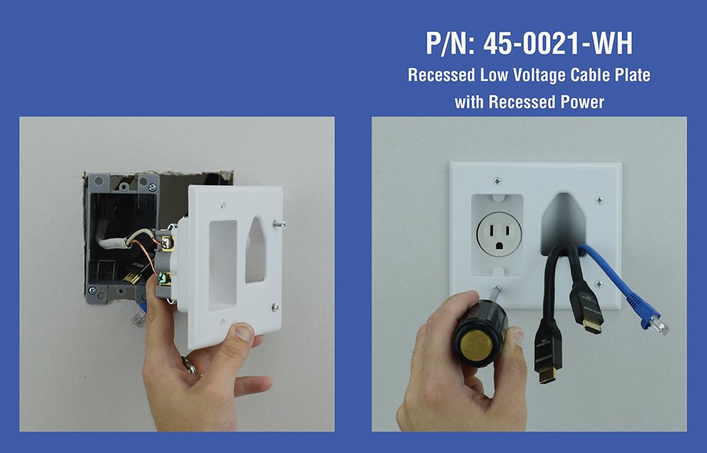 Data Comm Electronics 45 0021 Wh Low Voltage Cable Plate With Recessed Power , White