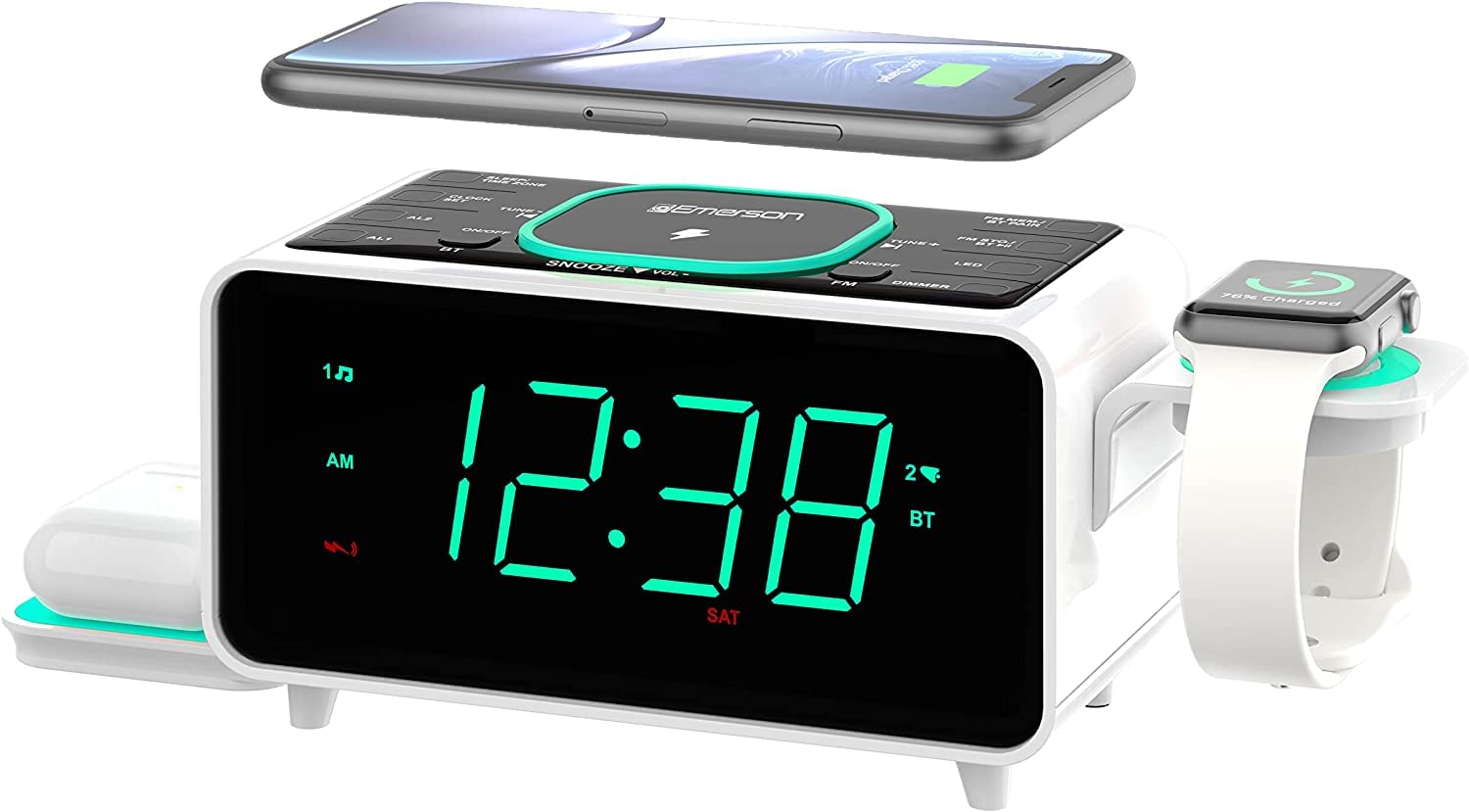 Emerson Smartset Dual Alarm Clock Fm Radio With Wireless Charging, Bluetooth Speaker, Ultra Fast Charging For Airpods/Iphone, Fo