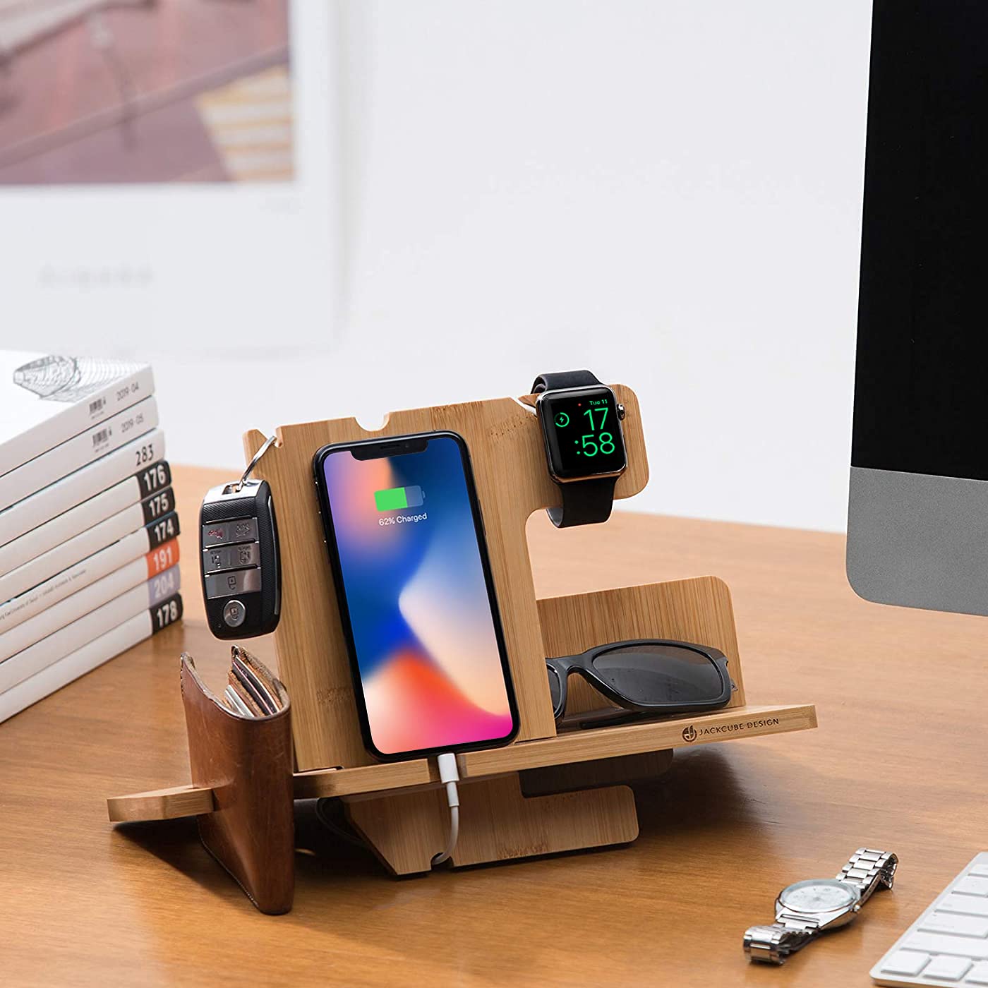 Jackcubedesign Wood Docking Station Nightstand Organizer Key Holder Wallet Stand Watch Gift Anniversary For Men Dad Father Birth