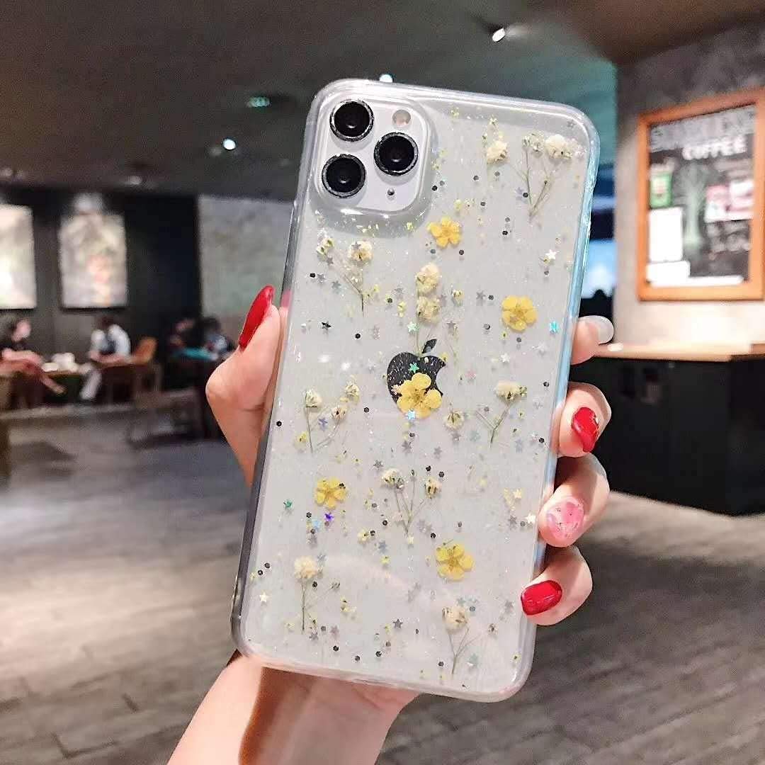 Ytanazing Flower For Iphone 12 Pro Max Cute Case Real Flower Glitter Floral Design Slim Shockproof Soft Flexible Clear Tpu Back