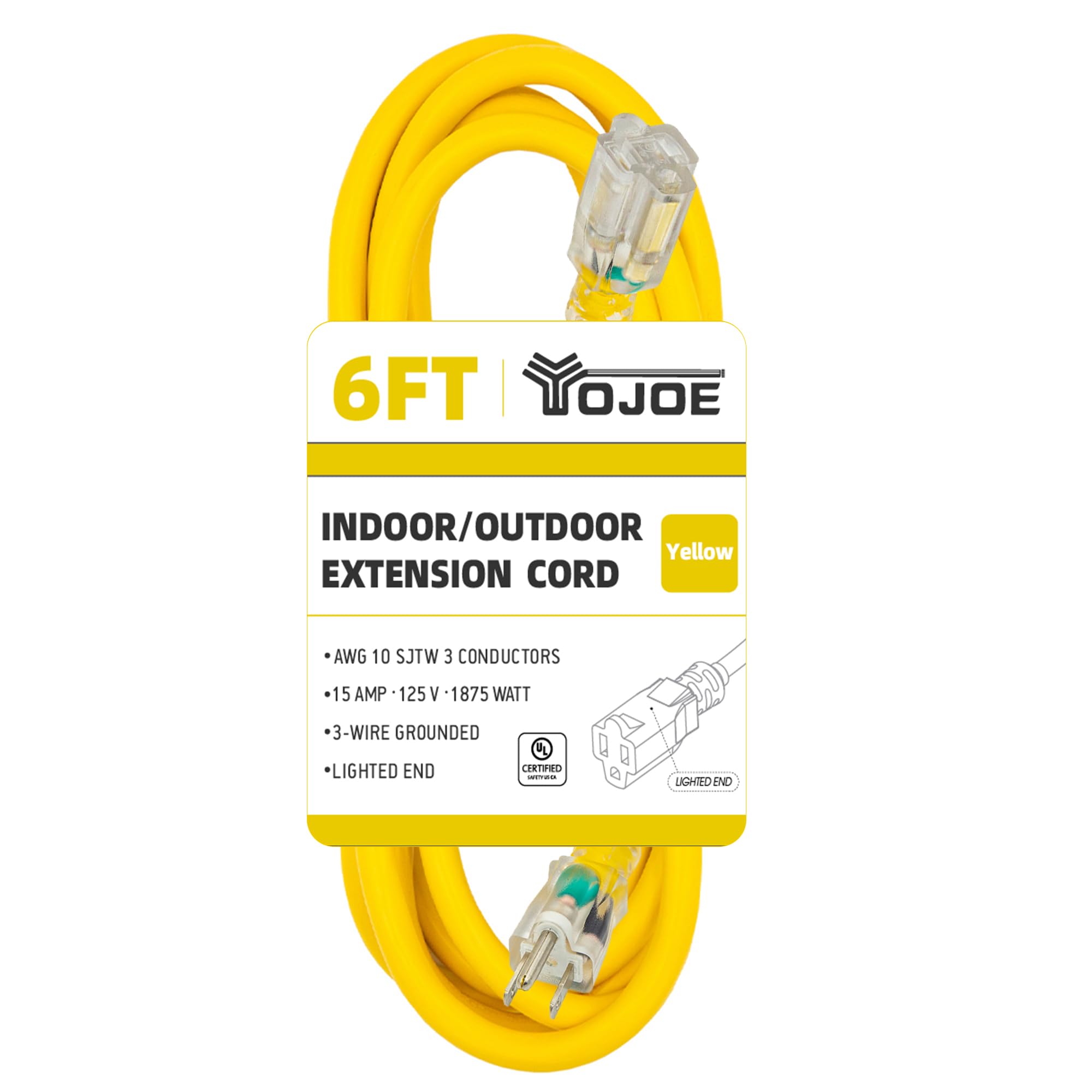 Yojoe Indoor Outdoor Extension Cord With Lighted End, 3 Prong 15A Weatherproof Power Extension Cord, 10 Gauge Heavy Duty 6 Ft Ye