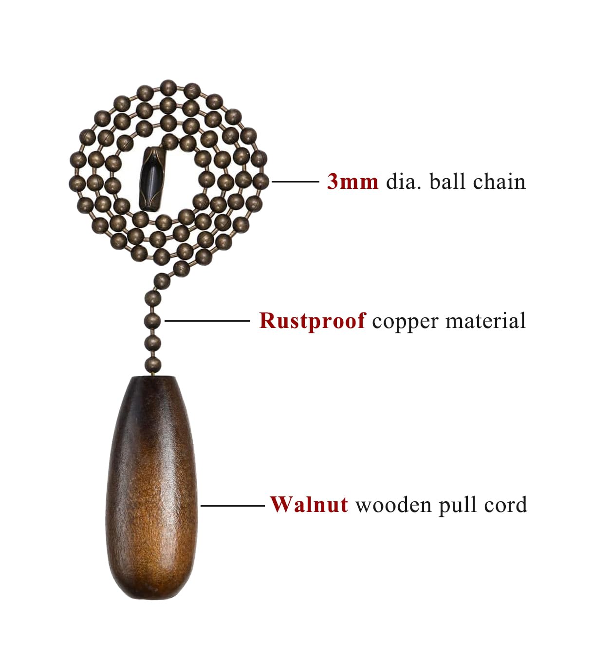 Ceiling Fan Pull Chain, 2 Pieces 12 Inch Long 3Mm Diameter Beaded Ball Chains Bronze With Walnut Wooden Pulls Cord