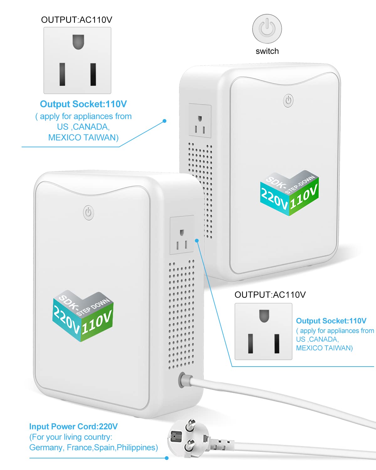 Voltage Converters 220V To 110V Step Down Transformer 3000W, No Noise, Suit For Air Fryer, Coffee Maker,For Us Appliance Used In