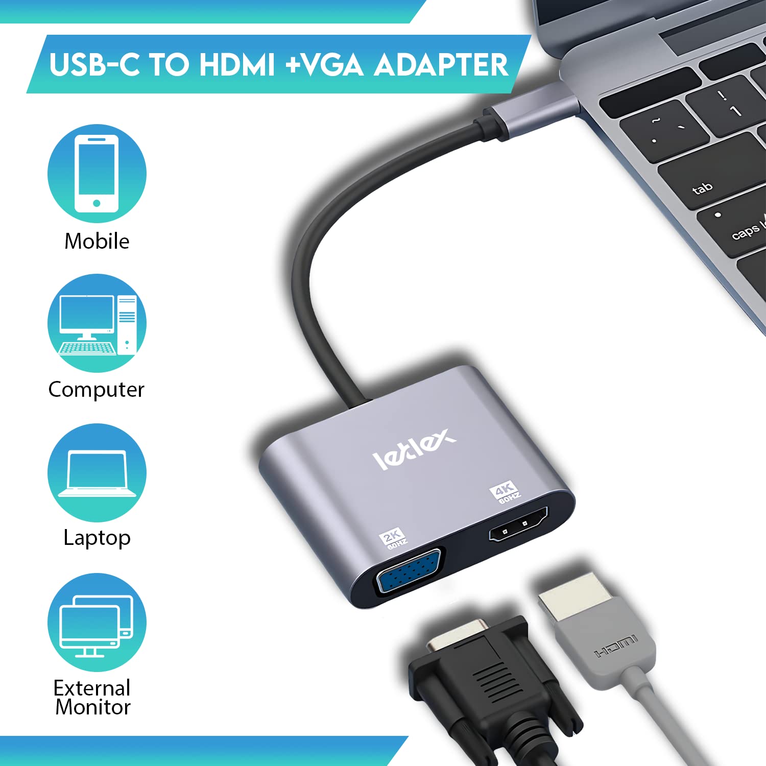 Letlex Usb C To Vga/Hdmi Adapter, Supports 4K@60Hz, Simple Plug & Play, Wide Compatibility