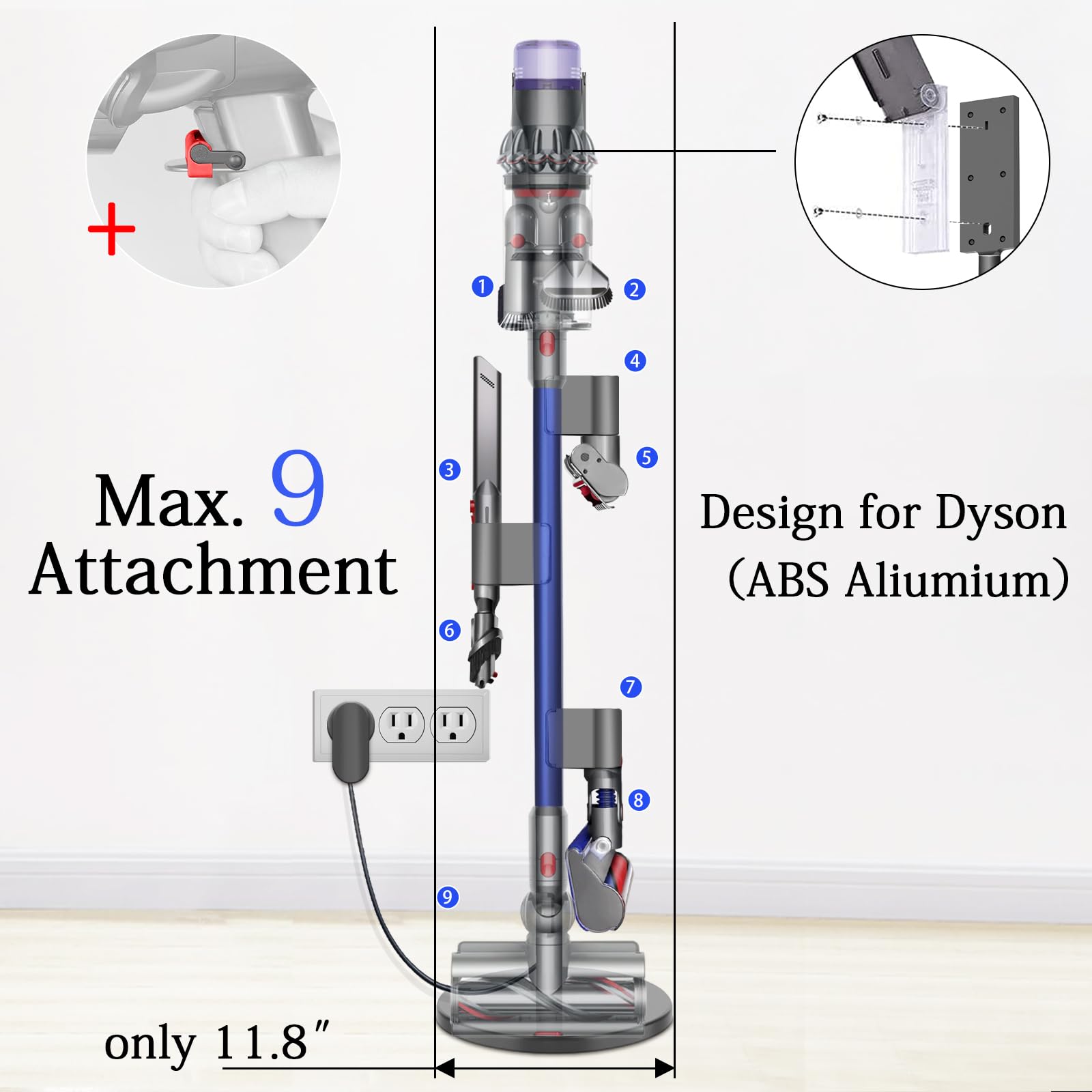 Lasvea Vacuum Stand For Dyson V15 Detect, V12,V11,V10,V8, V7 Sturdy Aluminum Tube Storage Holder, 6.2 Lbs Steel Base,3 Accessory