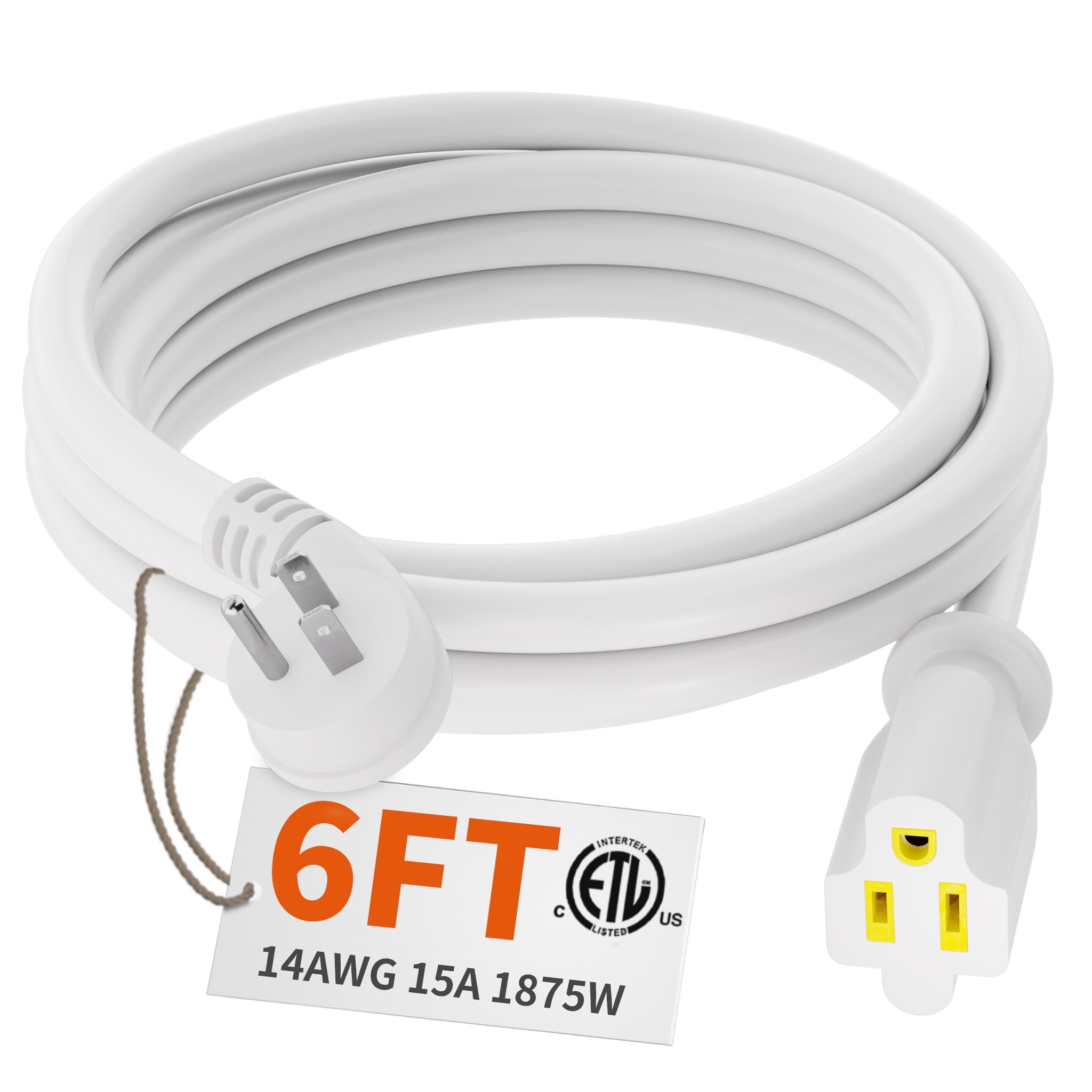 Huanchain 14 Gauge 6 Feet Flat Plug Extension Cord White Indoor Outdoor, Heavy Duty 3 Prong Grounded Low Profile Extension Wire