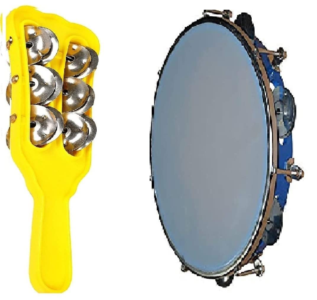 S.K.Musical, 12 Inch Dafali/Tambourine with 3 Line Multicolor Khartal (FREE) Super Sound Quality
