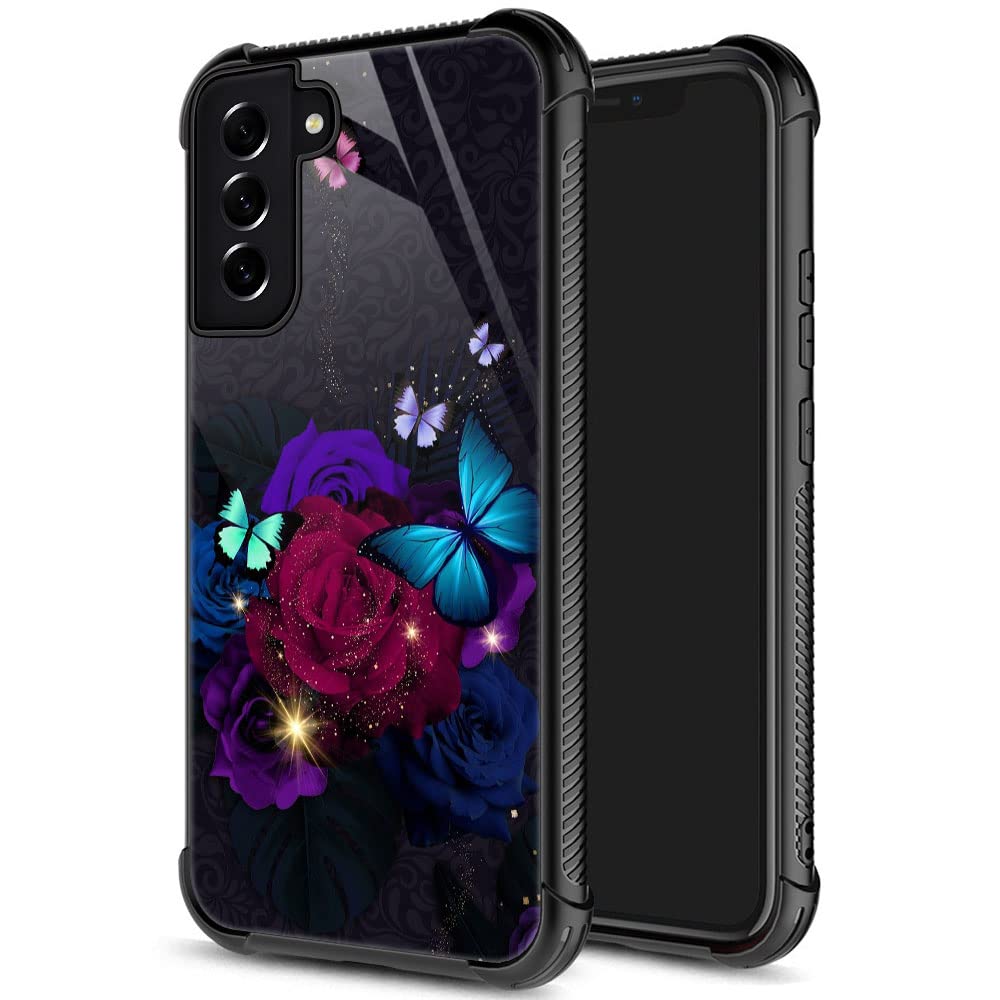 Samsung Galaxy S21 Fe Case,Blue Butterfly And Red Roses Galaxy S21 Fe 5G Cases For Girls,Pattern Design Shockproof Anti Scratch