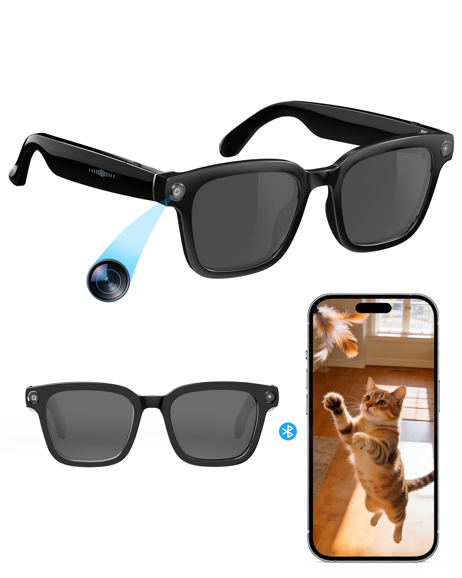 GLOSSIA Smart-Glasses with Camera and Audio, 8MP HD Camera Smart-Sunglasses for Men Women, 1080P Video Recording AI Glasses, Rea