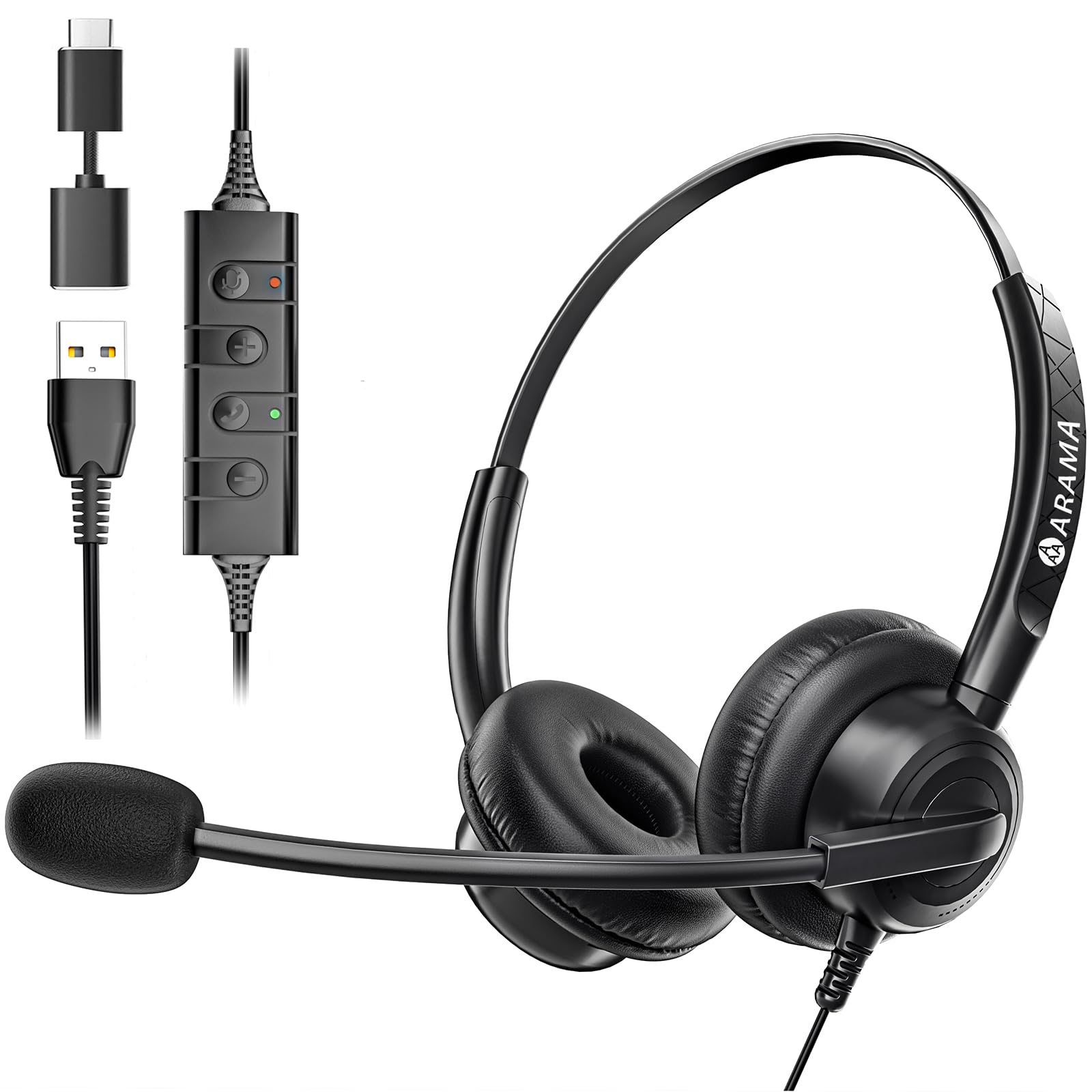 Arama Headset With Microphone For Pc, Usb Headset With Noise Canceling Microphone For Laptop, Wired Computer Headset With Mute For Home Office Online Class Skype Zoom Meetings
