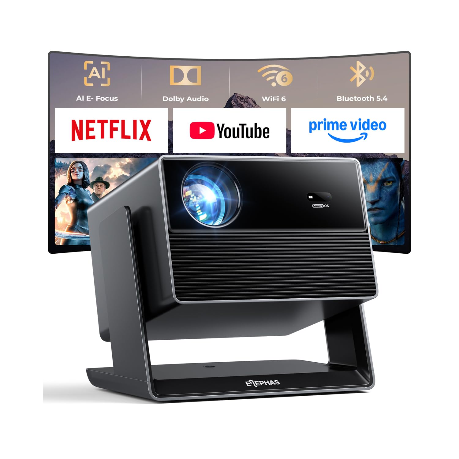 ELEPHAS Smart 4K Projector with WiFi and Bluetooth - Compatible with Netflix/Prime Video/YouTube, 270 Rotatable, AI Auto Focus &