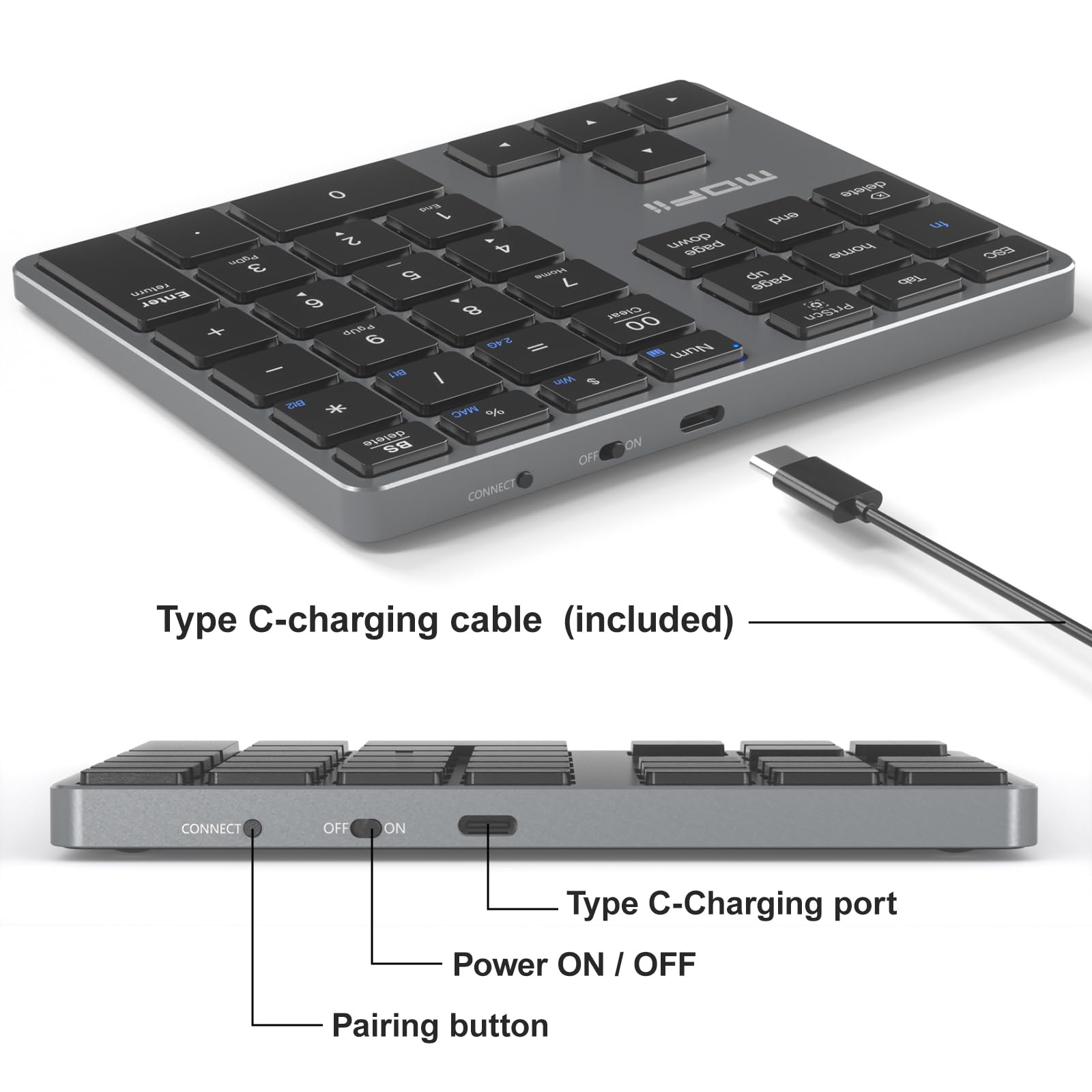 Mofii Bluetooth Number Pad For Laptop   Gray Wireless Numeric Keypad 35 Keys Usb C Rechargeable Numpad, Accounting Portable Fina