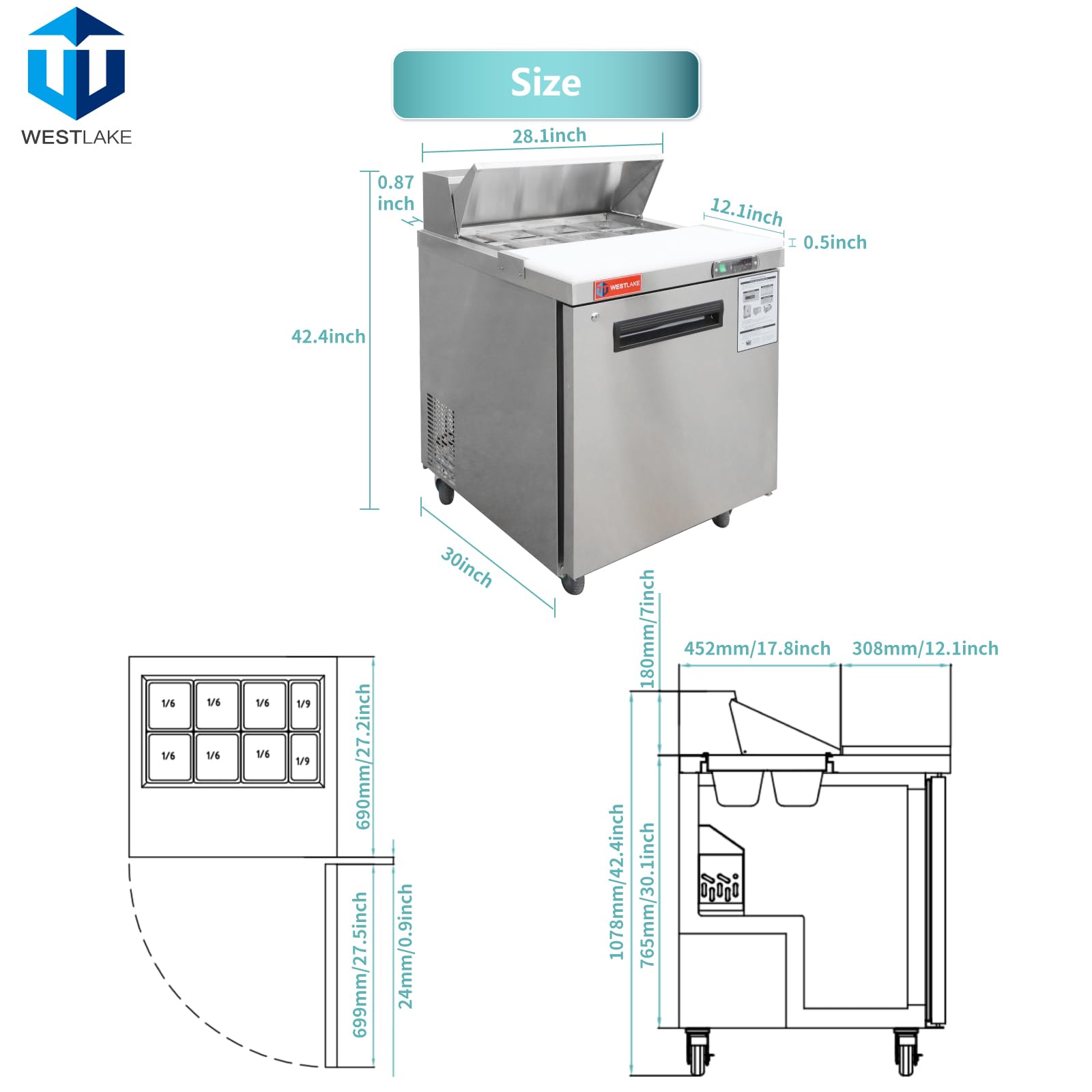 Westlake 27'' W Refrigerator Sandwich & Salad Prep Table Commercial Stainless Steel Counter Fan Cooling Refrigerator With 8 Pans