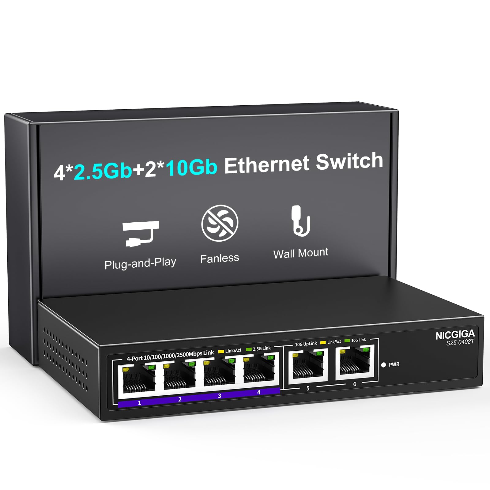 10Gbe Ethernet Switch Unmanaged with 2 x 10Gb RJ45 Ports ? 4 x 2.5Gb Base-T Ports, Desktop/Wall Mount NICGIGA 6 Port 10Gbps Netw