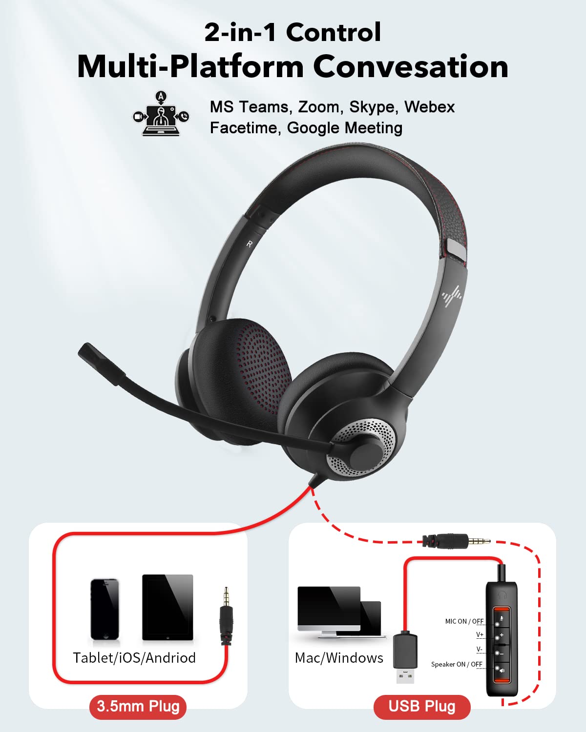 Eaglend Usb Headset With Mic For Pc, On Ear Computer Laptop Headphones With Noise Cancelling Microphone In Line Control For Home