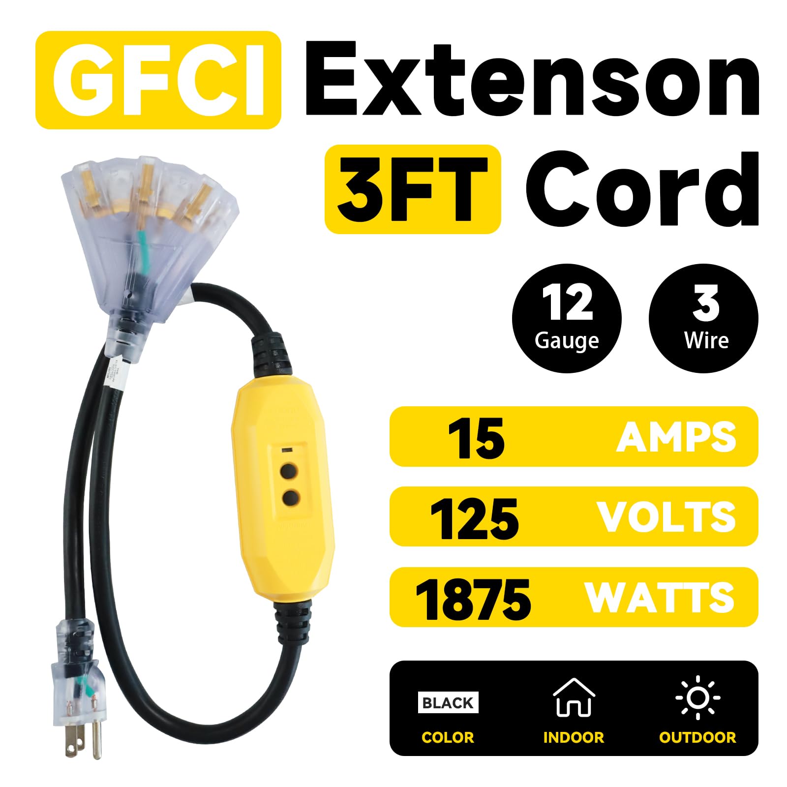 Ep 3 Ft Lighted Gfci Extension Cord With 3 Electrical Power Outlets   12/3 Sjtw Heavy Duty Black Pigtail Extension Cable With 3
