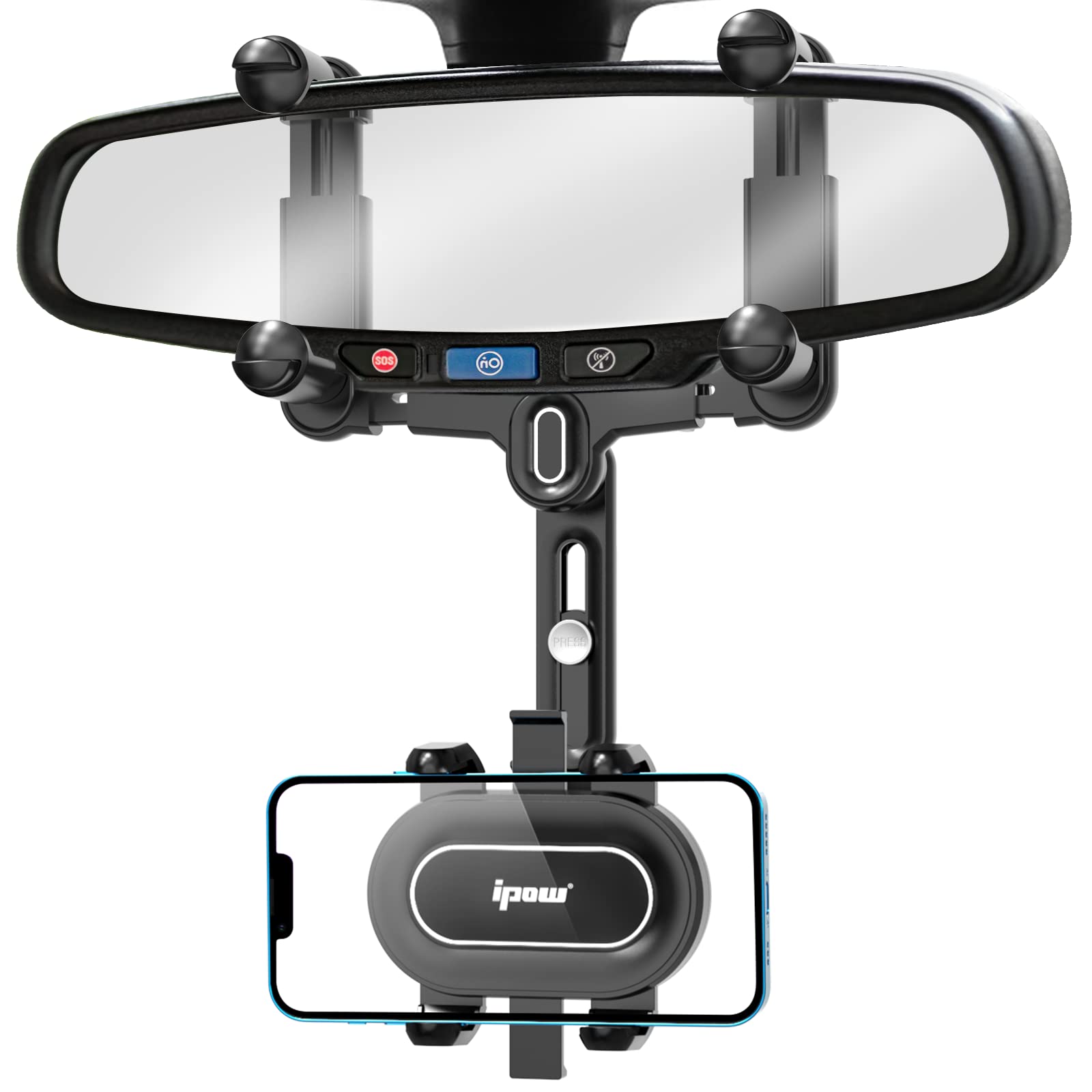 IPOW Large Rearview Mirror Phone Holder for Car 360Rotatable and Retractable, 2023 Upgraded Four Corners Fixed Anti-Shake Multif