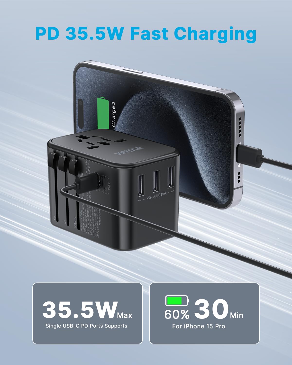 Universal Travel Adapter, Vintar 35.5W International Power Adapter With 3 Usb A Qc And 2 Usb C Pd, All In One Plug Adapter World