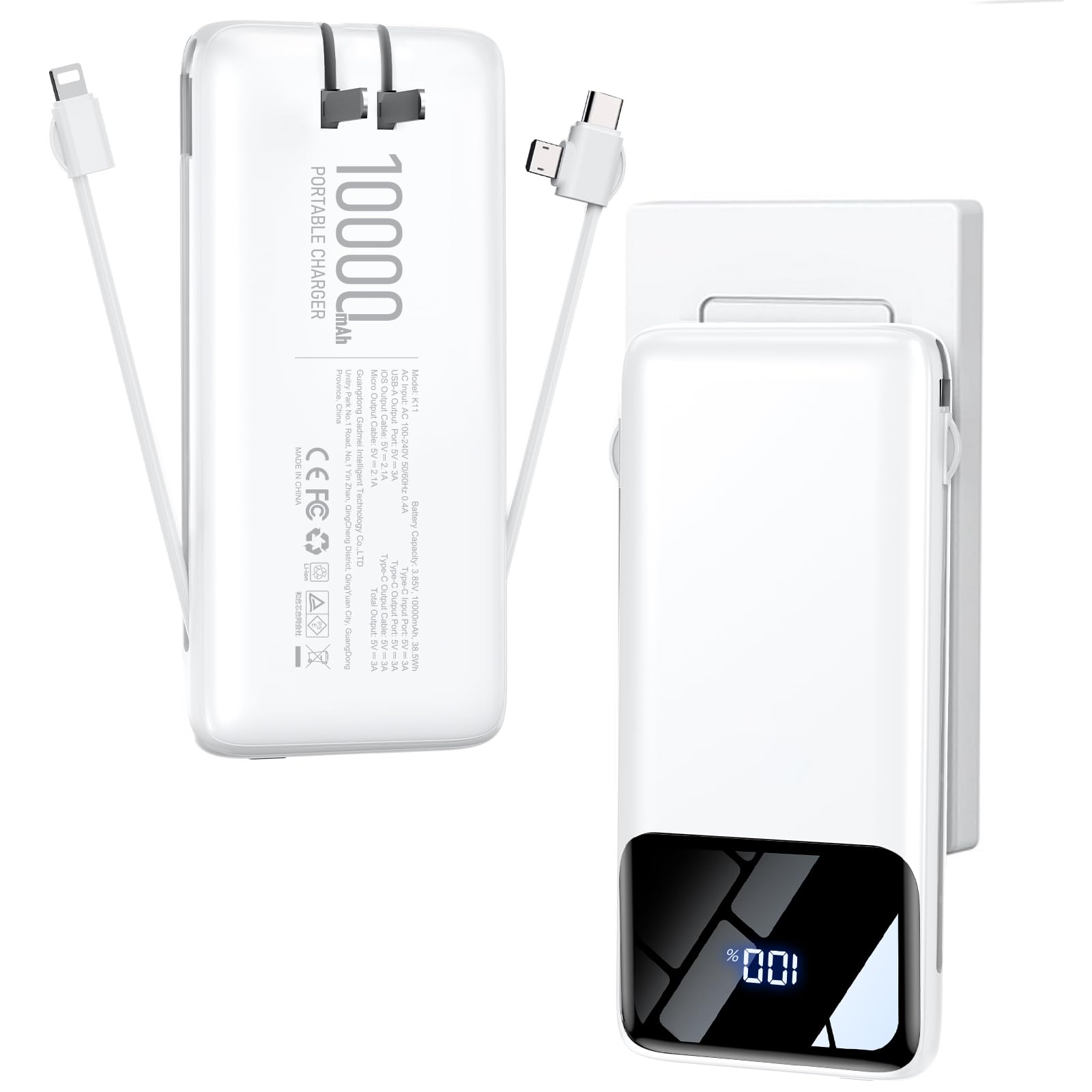 Portable Charger Power Bank with Builtin Cables and Wall Plug 10000mAh