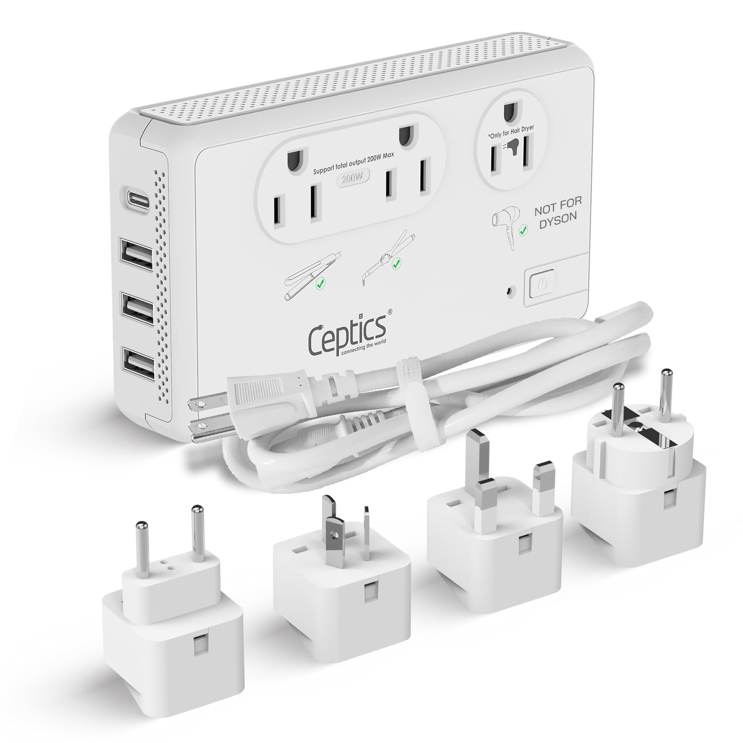 Ceptics Voltage Converter For Travel, 220V To 110V Converter W/Type C, E/F, G, I Plugs, 2000W Outlet For Hair Dryers, 4 Usb W/ 1