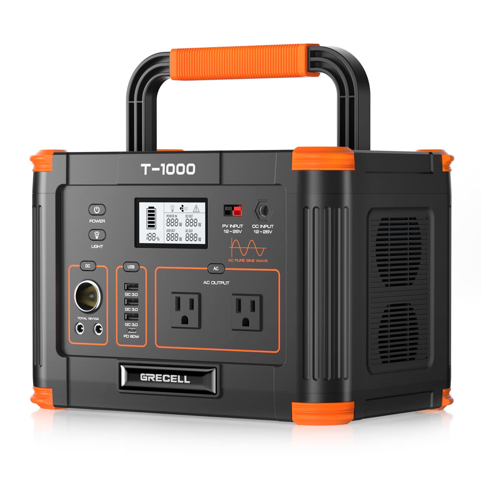 Grecell 999Wh Solar Generator 1000W, Portable Power Station With 60W Usb C Pd Output, 110V Pure Sine Wave Ac Outlet Backup Lithi