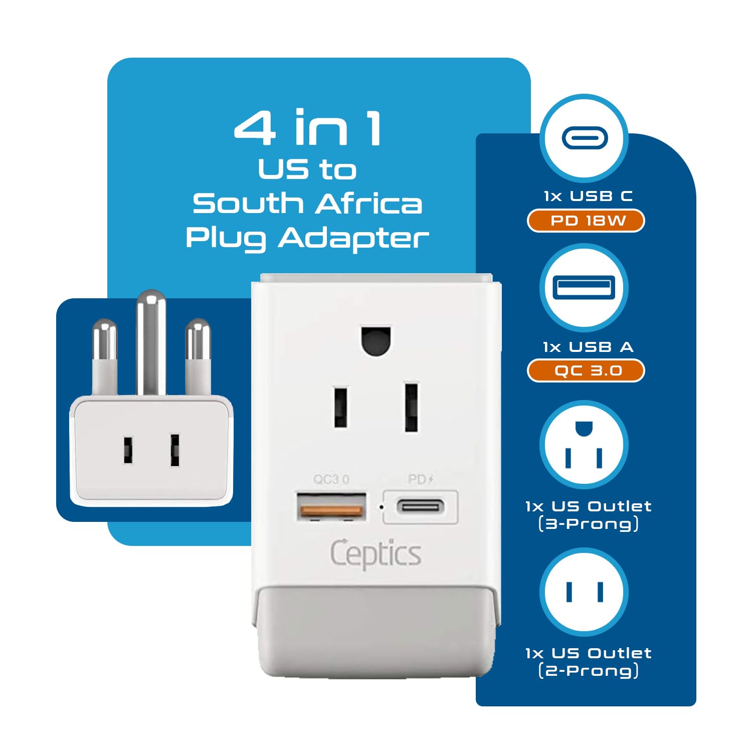 Ceptics South Africa Power Plug Adapter Travel Qc 3.0 & Pd, Safe Dual Usb & Usb-C - 2 Usa Socket Compact & Powerful - Use In S.