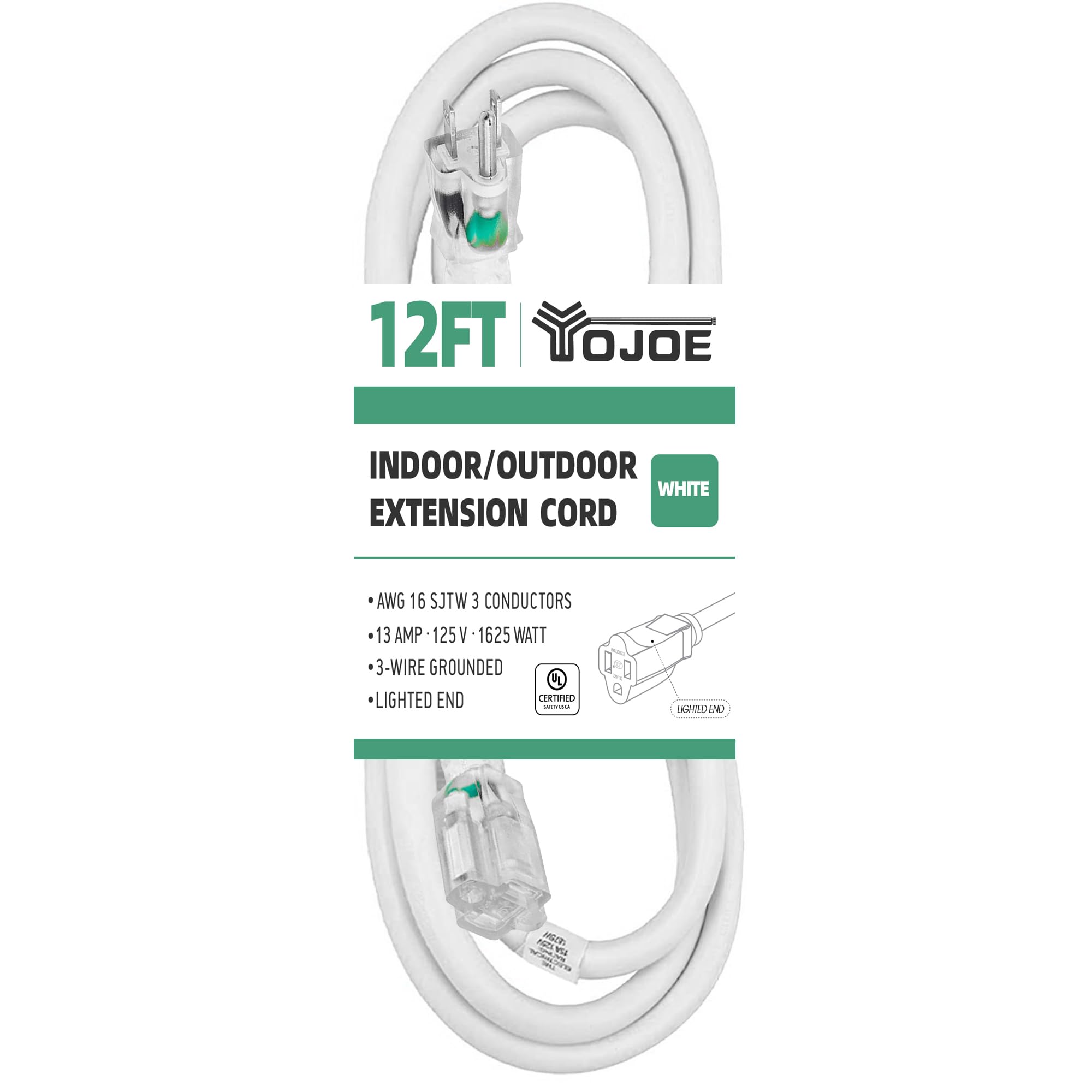 Yojoe Indoor Outdoor Extension Cord With Lighted End, 3 Prong 13A Weatherproof Power Extension Cord, 16 Gauge Heavy Duty 12 Ft W