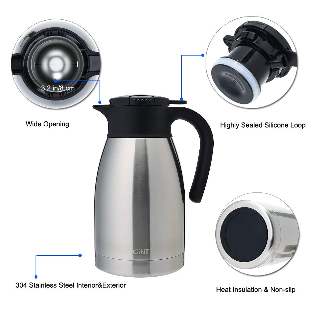 Gint 51Oz Stainless Steel Thermal Coffee Carafe With Lid/Double Walled Vacuum Thermos / 12 Hour Heat Retention (Silver, 1.5L)