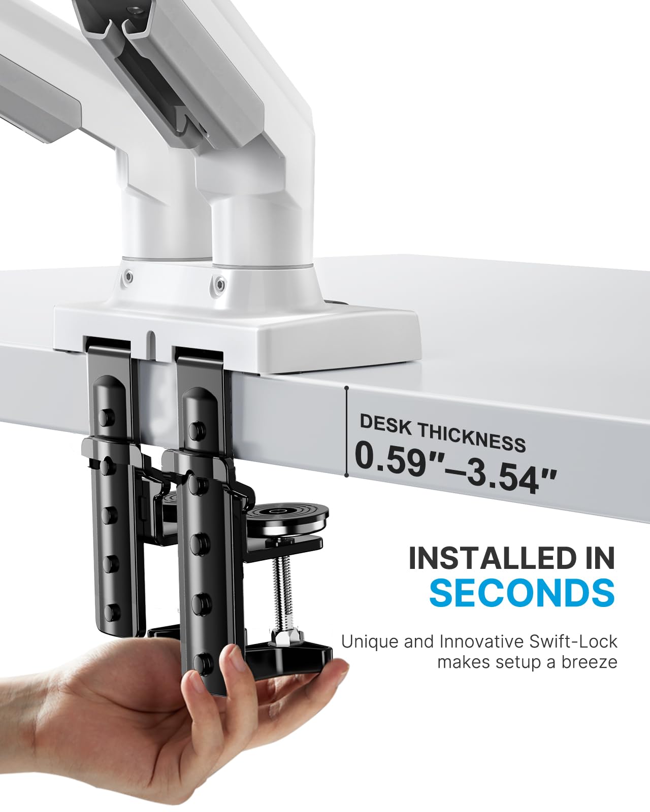 Huanuo Dual Monitor Stand   Full Adjustable Monitor Desk Mount Swivel Vesa Bracket With C Clamp, Grommet Mounting Base For 13 To 32 Inch Computer Screens   Each Arm Holds 4.4 To 19.8Lbs   Whtie