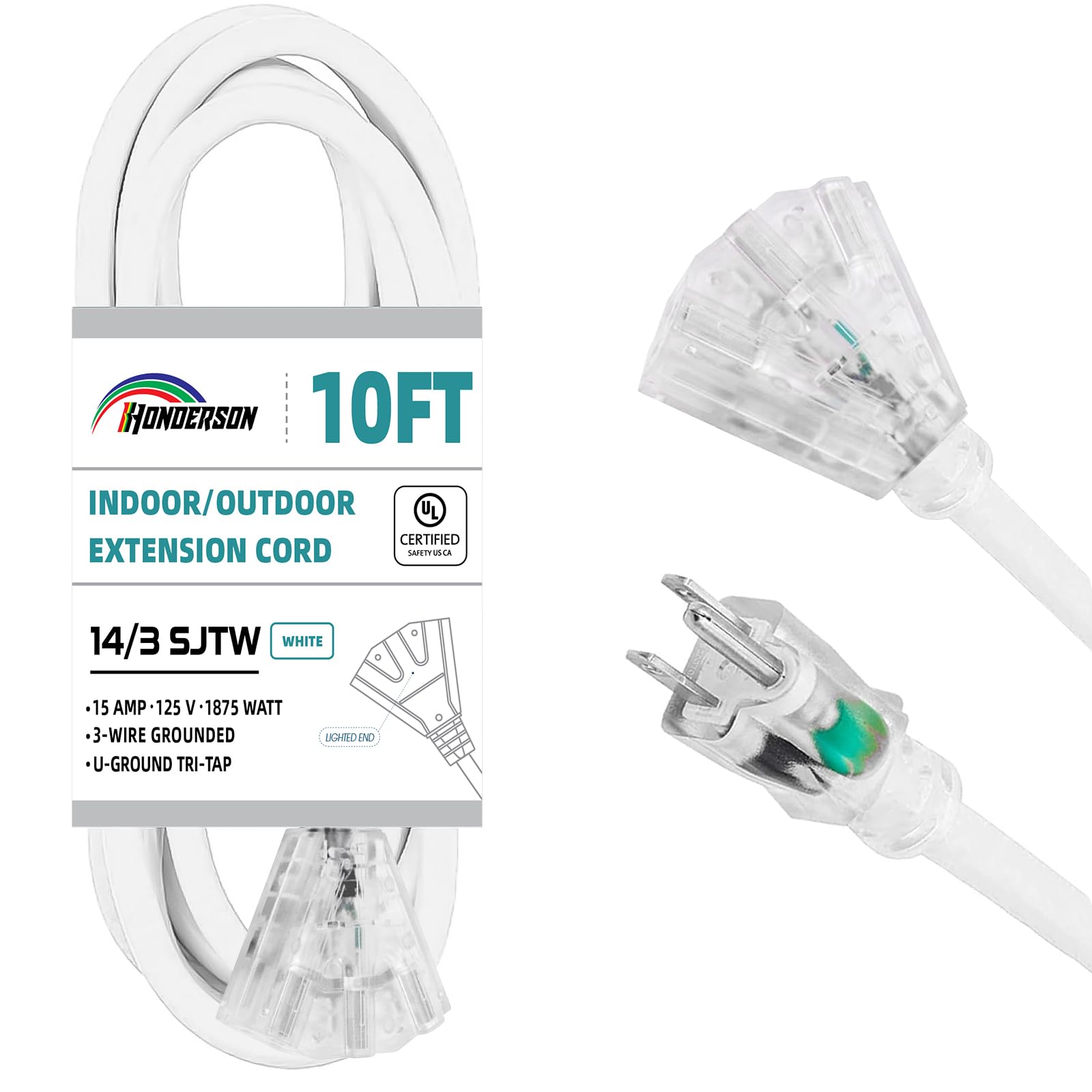 Honderson 3 Outlets Indoor Outdoor Extension Cord Weatherproof With Lighted End, Ul Listed, 14 Gauge 10Ft White 3 Prong Heavy Du