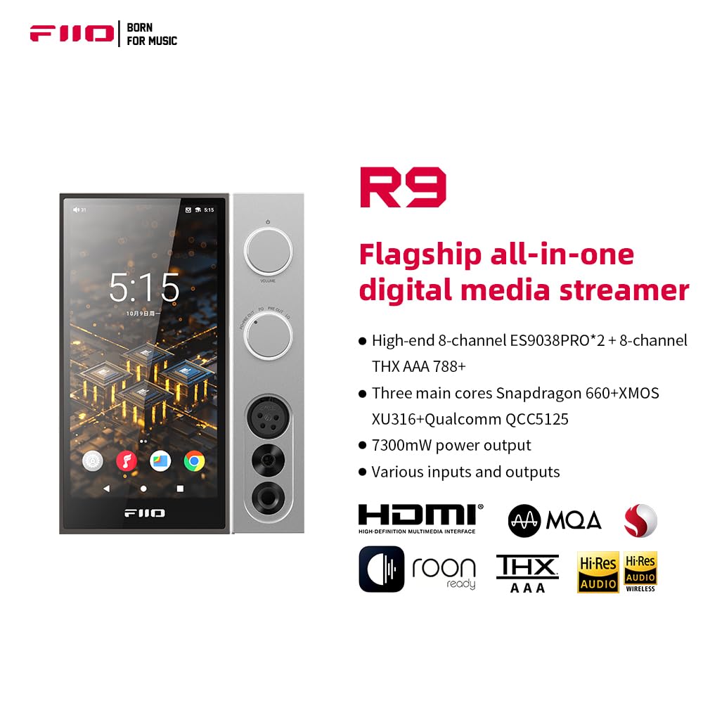 Fiio R9 Android Media Streamer, Network Player, Hdmi/Mqa Full Decode, Usb Dac, Dsd512 Pcm768Khz/32Bit Bluetooth 5.0, 6Hd Touchsc