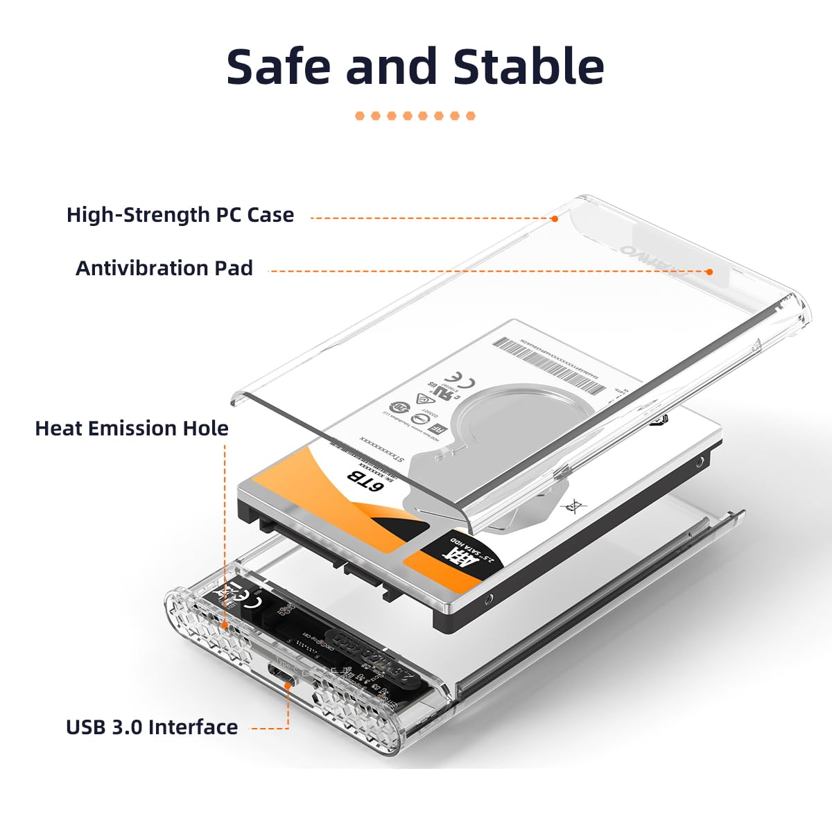 MAIWO 2.5 External Hard Drive Enclosure, Transparent White, USB C to SATA Adapter, 6TB Capacity, for 7mm & 9.5mm SSD/HDD