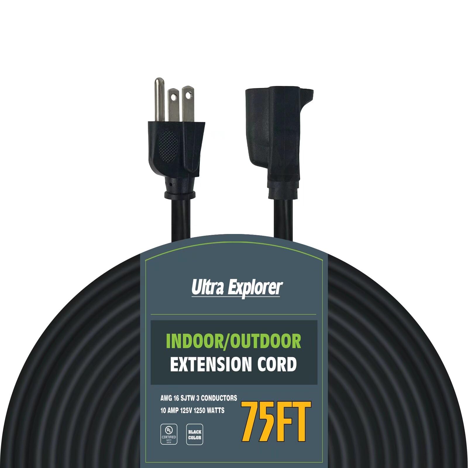 75 Ft 16/3 Outdoor Extension Cord Waterproof   16 Gauge 3 Prong Electric Cord, Sjtw, 13A 1625W 125V, Grounded Plug Extension Wir