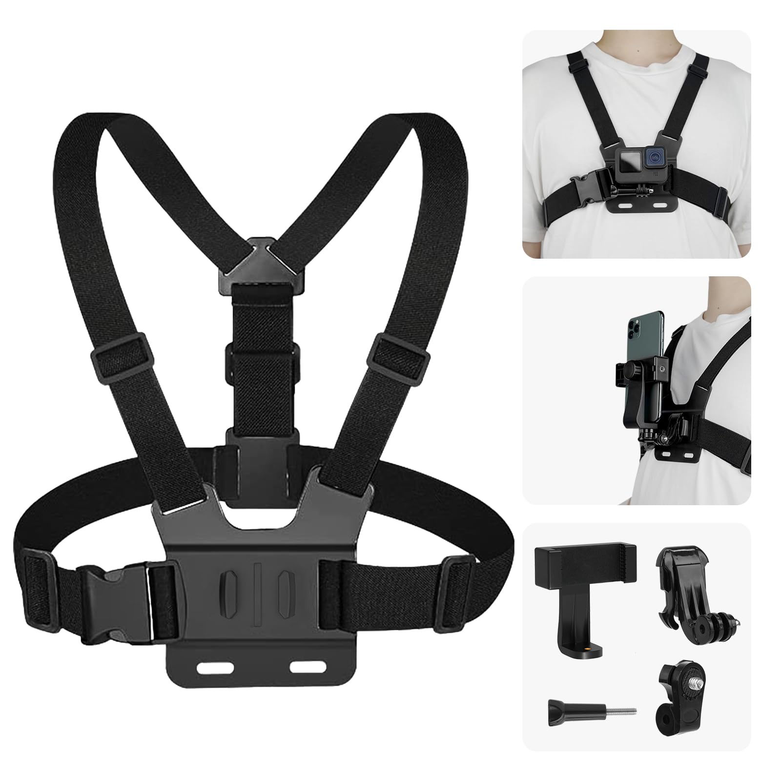 Adaptom Phone Chest Strap Mount, Chest Mount Harness For Gopro Hero 13 Hero 12/11/10/9/8/7/6/5, Insta360 X3 One X2, Dji Osmo Act