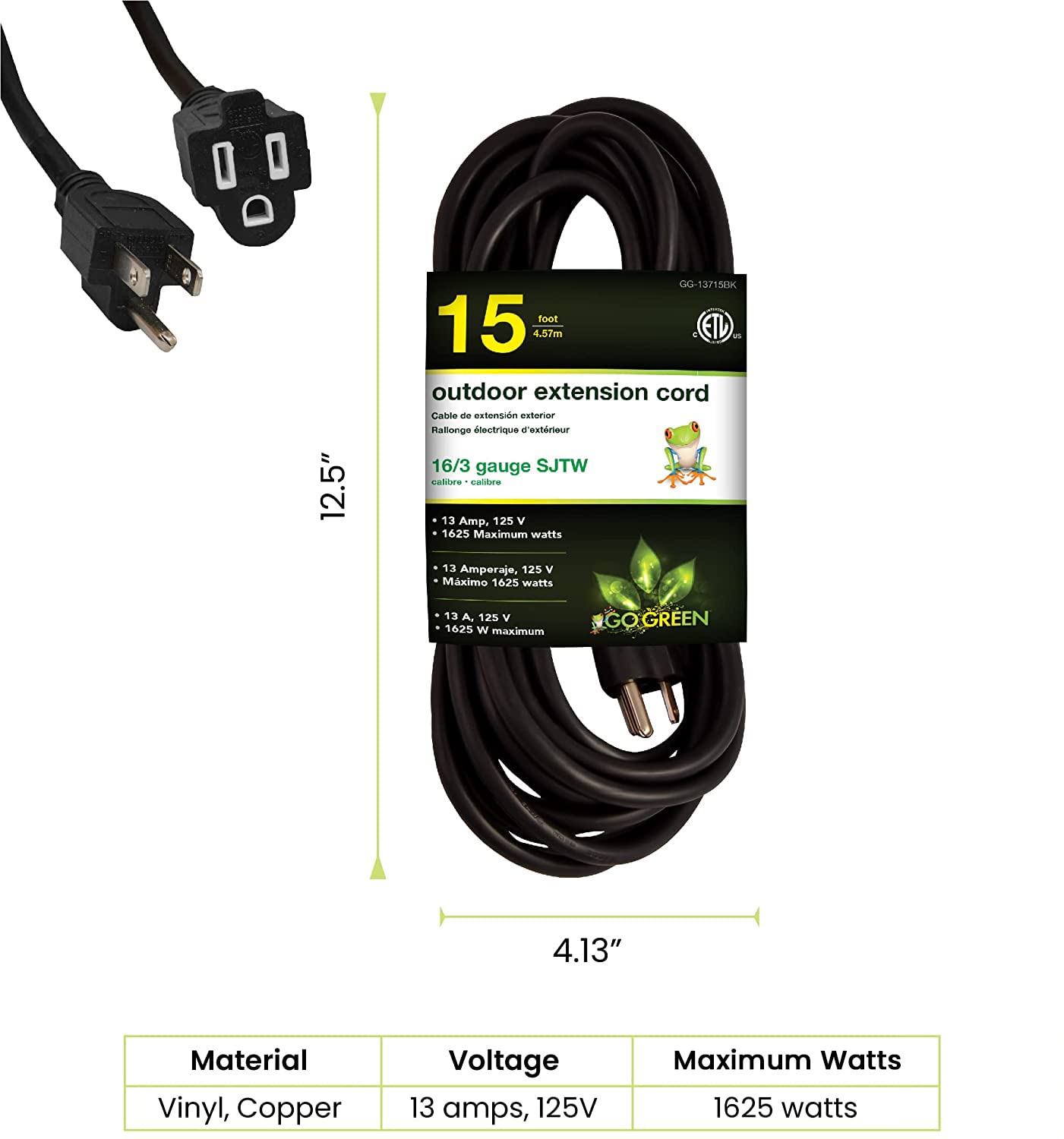 Go Green Power Inc. (Gg 13715Bk) 16/3 Sjtw Outdoor Extension Cord, Black, 15 Ft