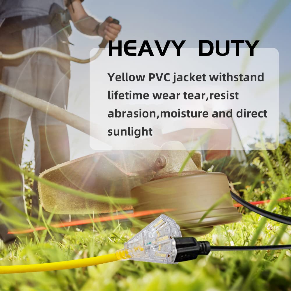 Honderson 20Ft Lighted Outdoor Extension Cord With 3 Power Outlets,14/3 Sjtw Heavy Duty Yellow Extension Cord For Christmas Ligh