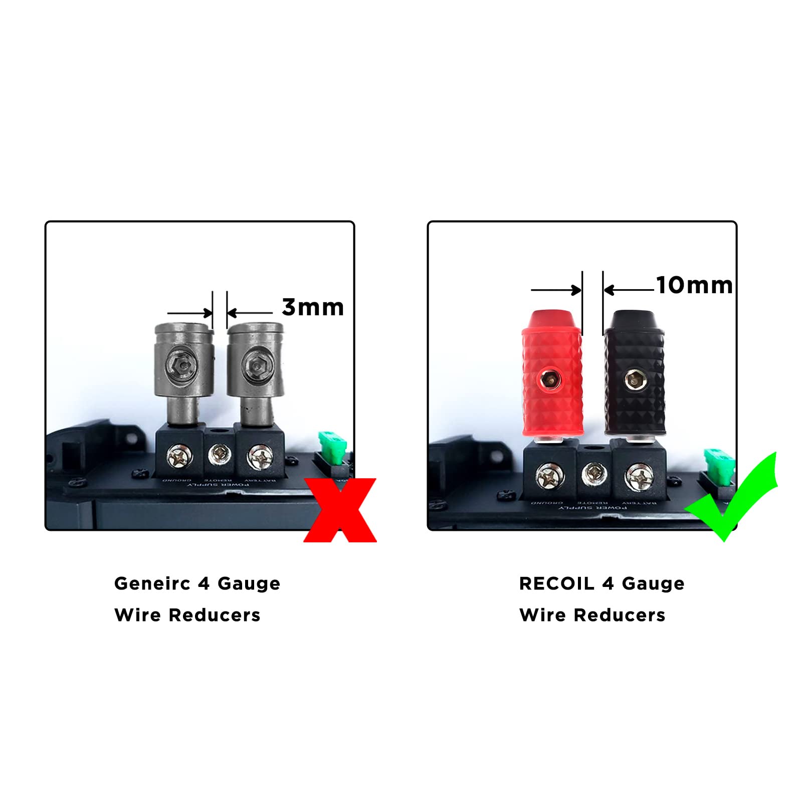 Recoil Wr48P Amplifier Power/Ground Input Wire Gauge Reducer Brass 4 Gauge To 8 Gauge With Red/Black Silicon Covers, Marine Grad